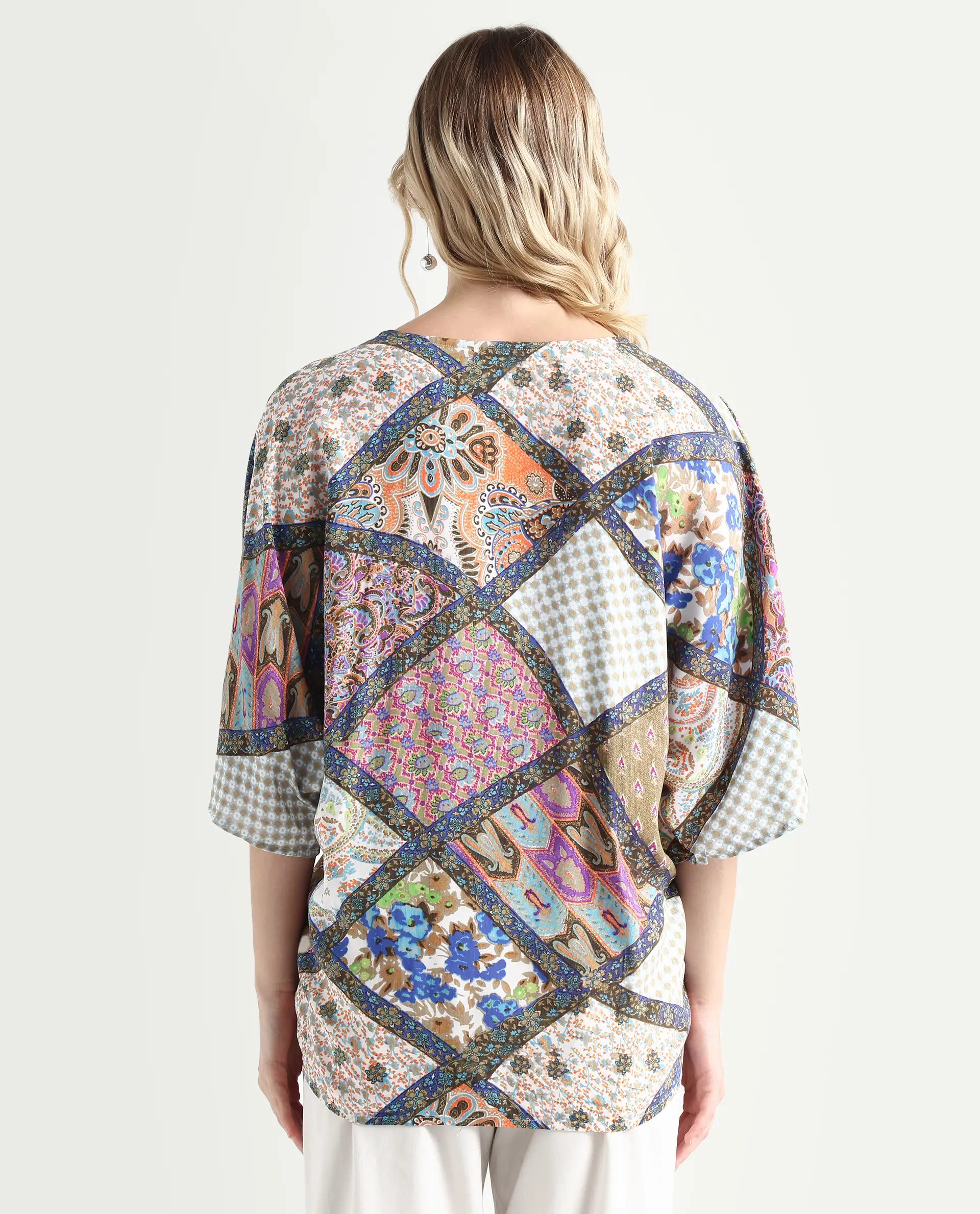 Rareism Women's Leoda Multi Viscose V-Neck Abstract Print Flared Sleeve Relaxed Fit Top - Image 7