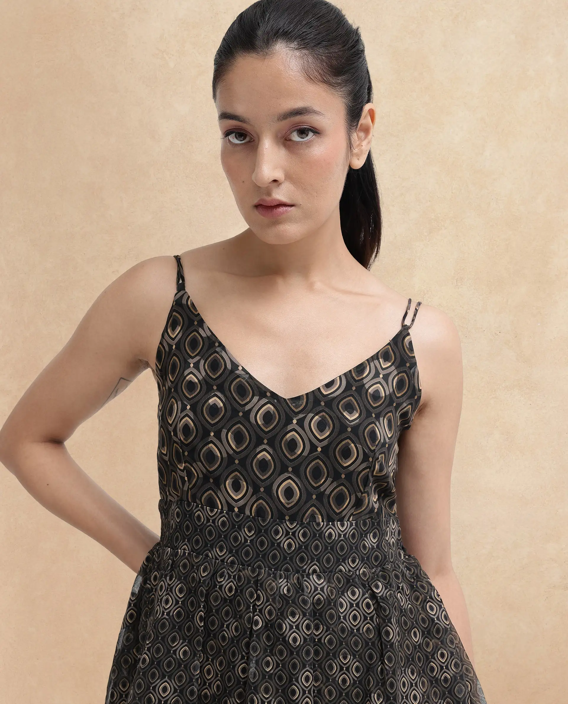 Rareism Women's Leonar Black Polyester Shoulder Strap Geometric Print Shoulder Strap Mini Fit And Flare Dress - Image 3