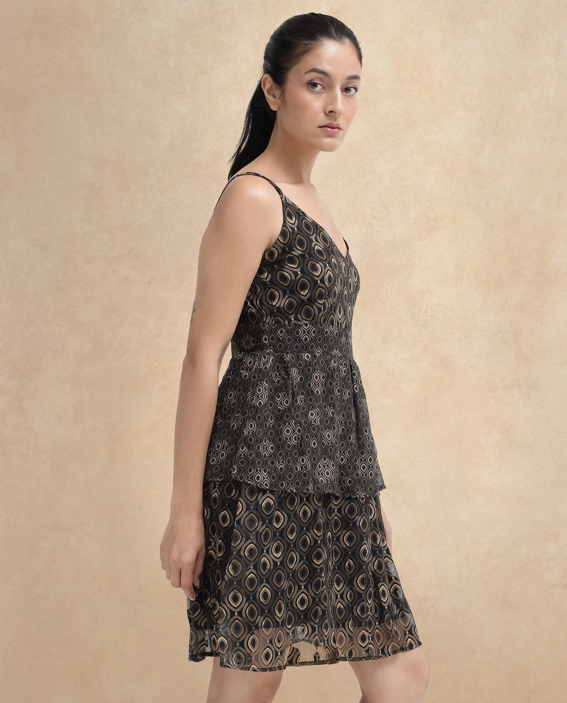 Rareism Women's Leonar Black Polyester Shoulder Strap Geometric Print Shoulder Strap Mini Fit And Flare Dress - Image 6