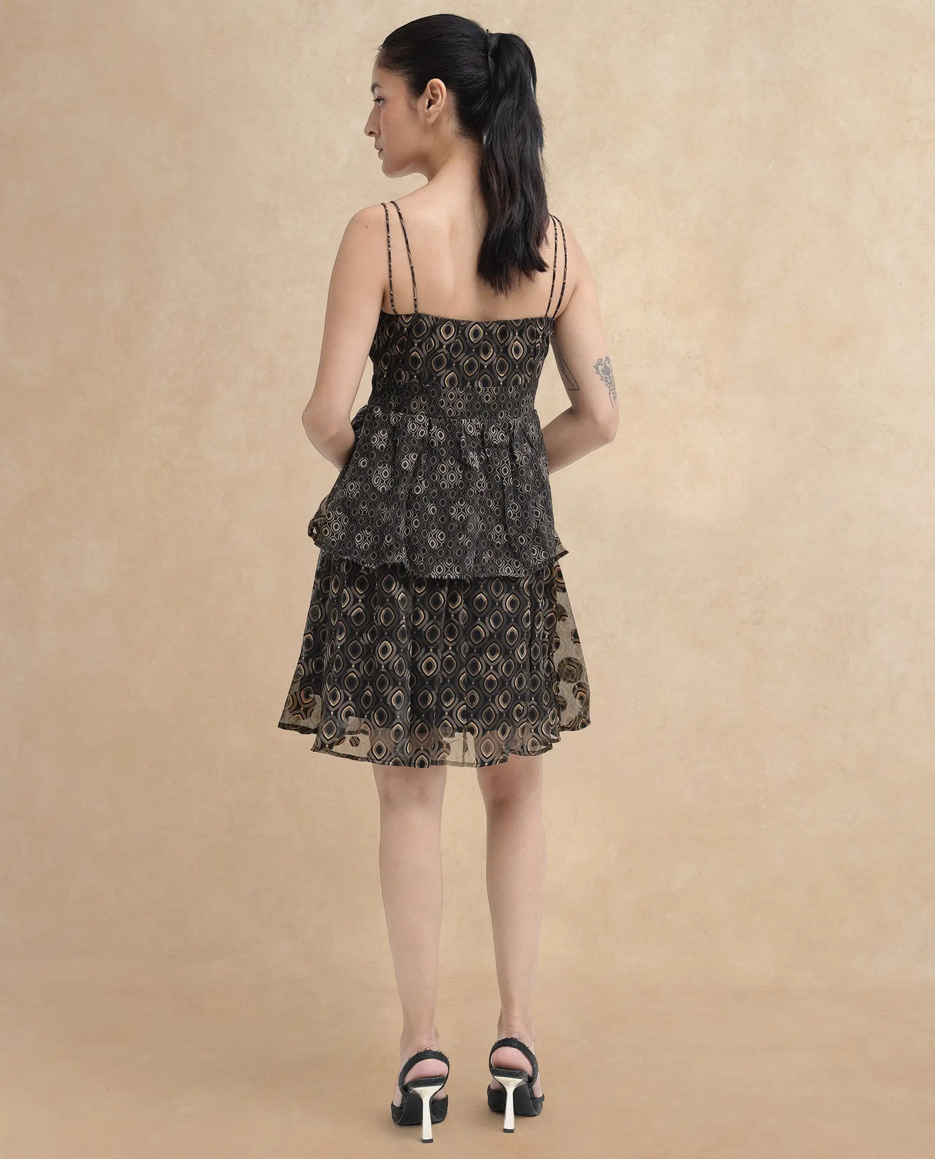 Rareism Women's Leonar Black Polyester Shoulder Strap Geometric Print Shoulder Strap Mini Fit And Flare Dress - Image 9