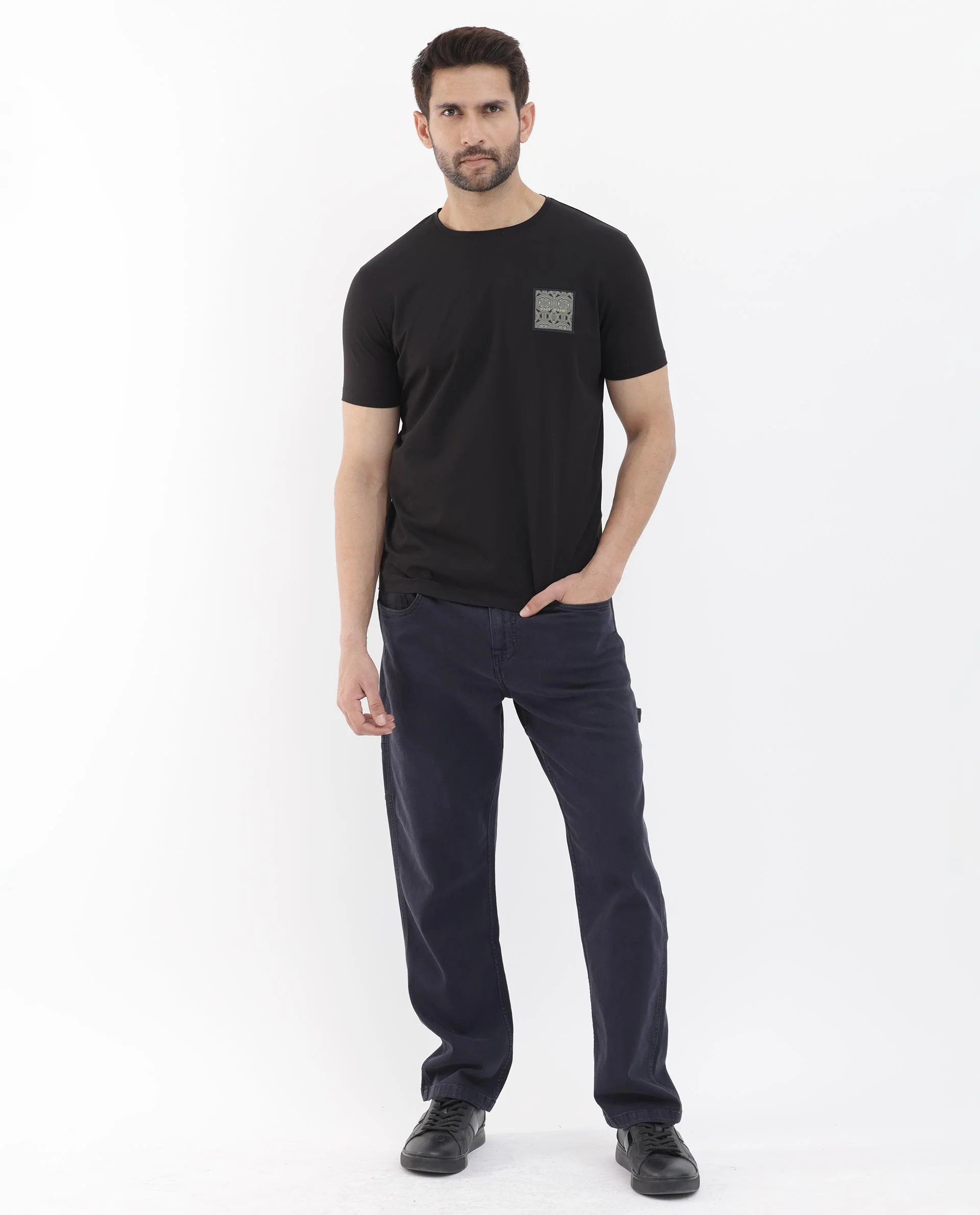 Rare Rabbit Men's Leonel Black Cotton Blend Embroidered Regular Fit Half Sleeve Crew Neck T-Shirt - Image 2