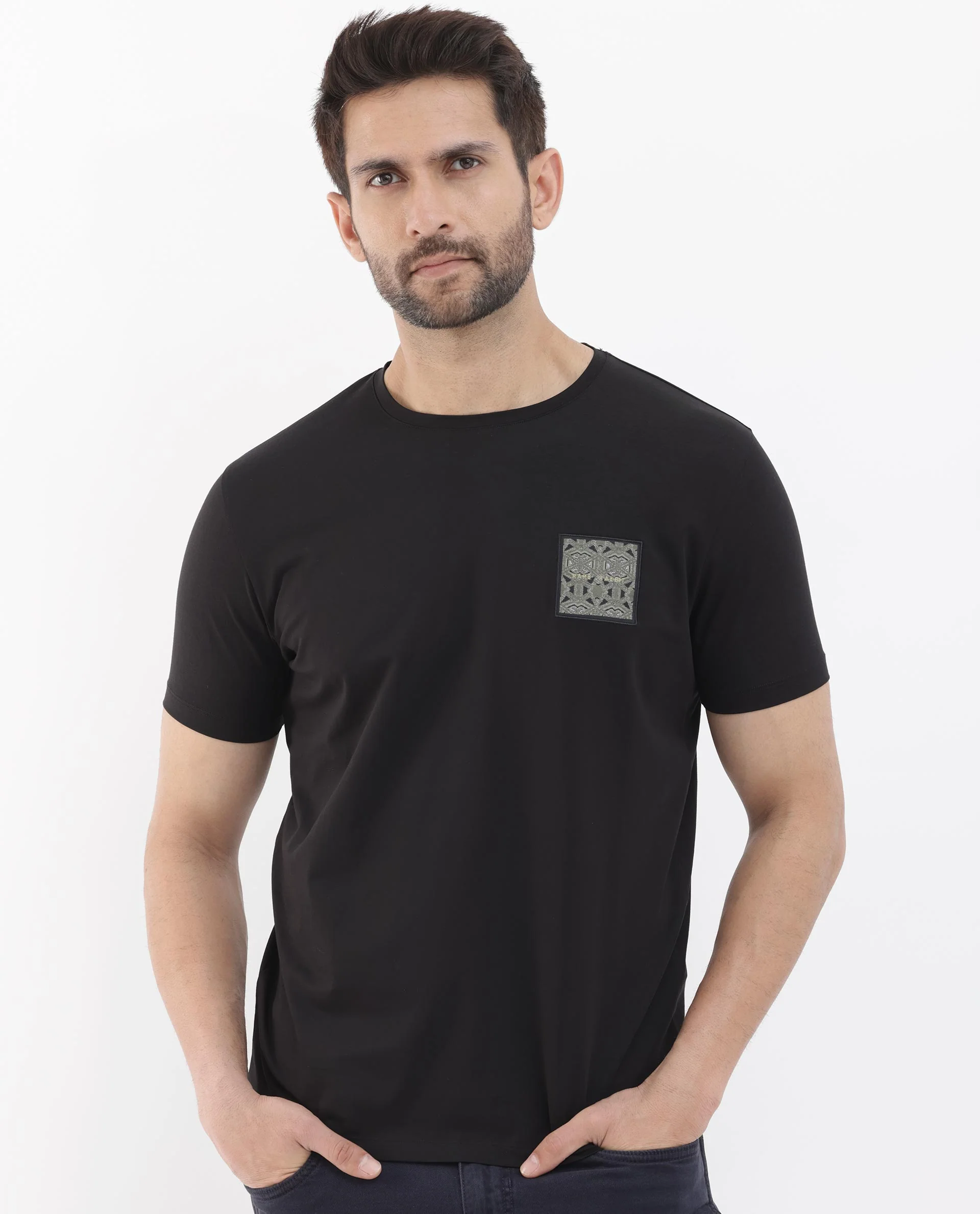 Rare Rabbit Men's Leonel Black Cotton Blend Embroidered Regular Fit Half Sleeve Crew Neck T-Shirt - Image 3