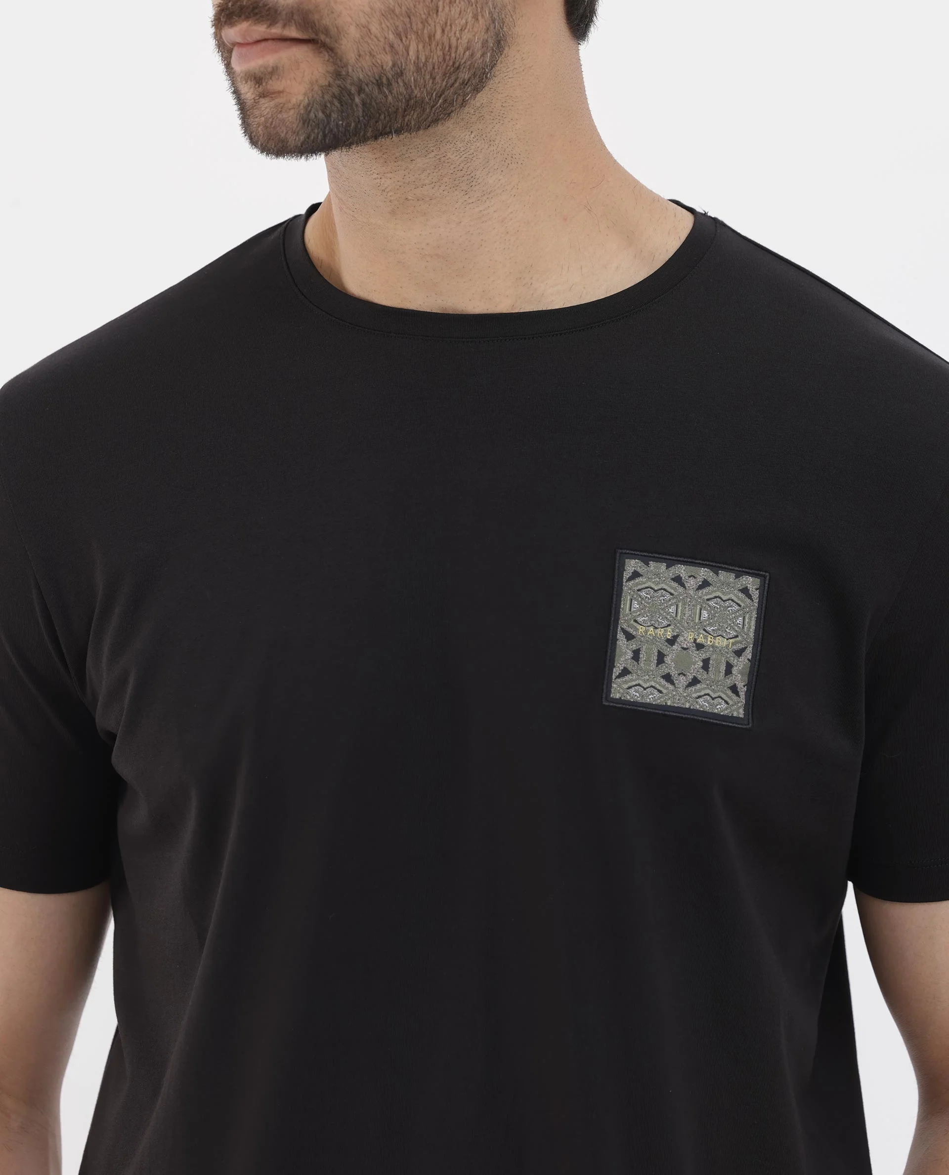 Rare Rabbit Men's Leonel Black Cotton Blend Embroidered Regular Fit Half Sleeve Crew Neck T-Shirt - Image 4