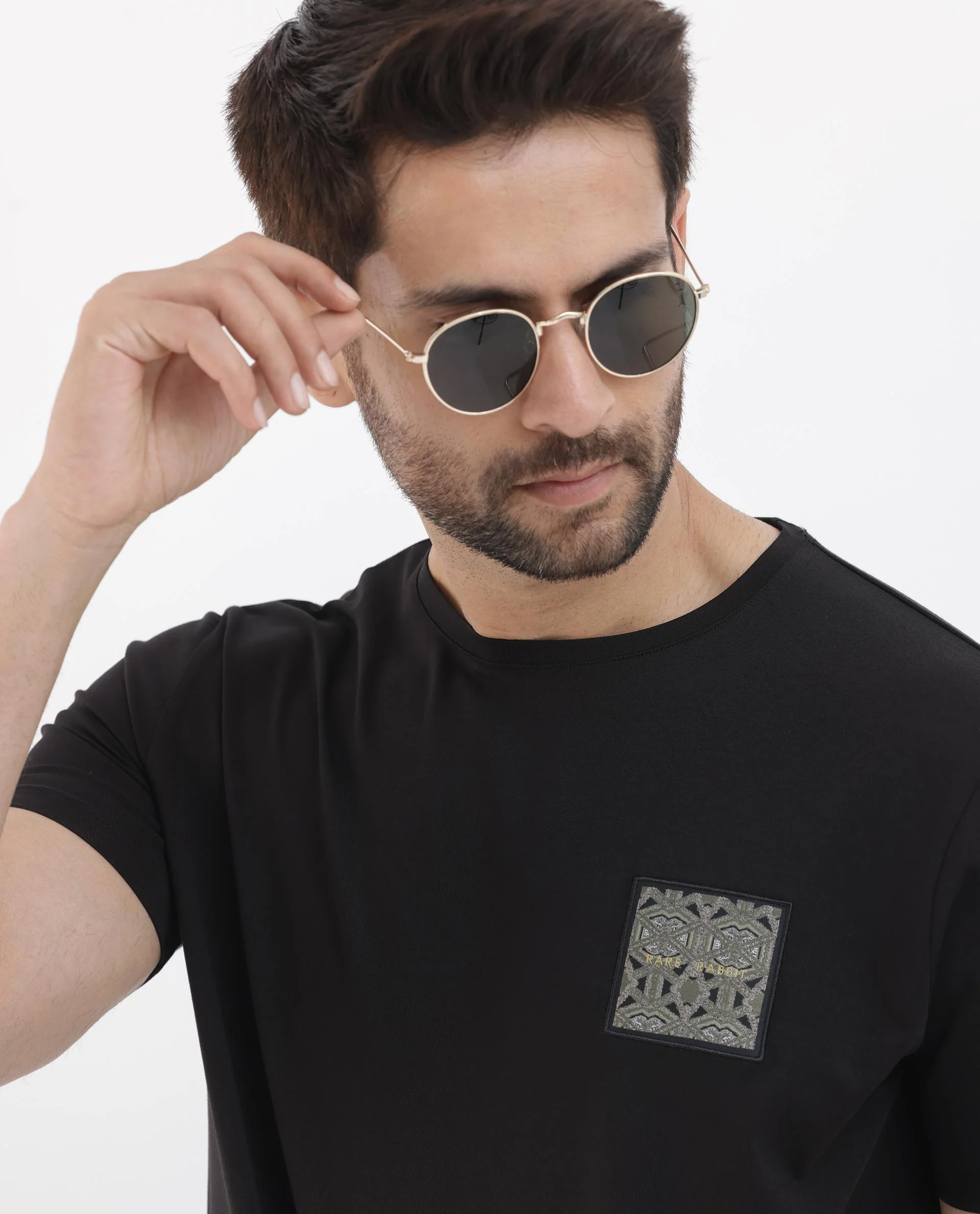 Rare Rabbit Men's Leonel Black Cotton Blend Embroidered Regular Fit Half Sleeve Crew Neck T-Shirt - Image 5
