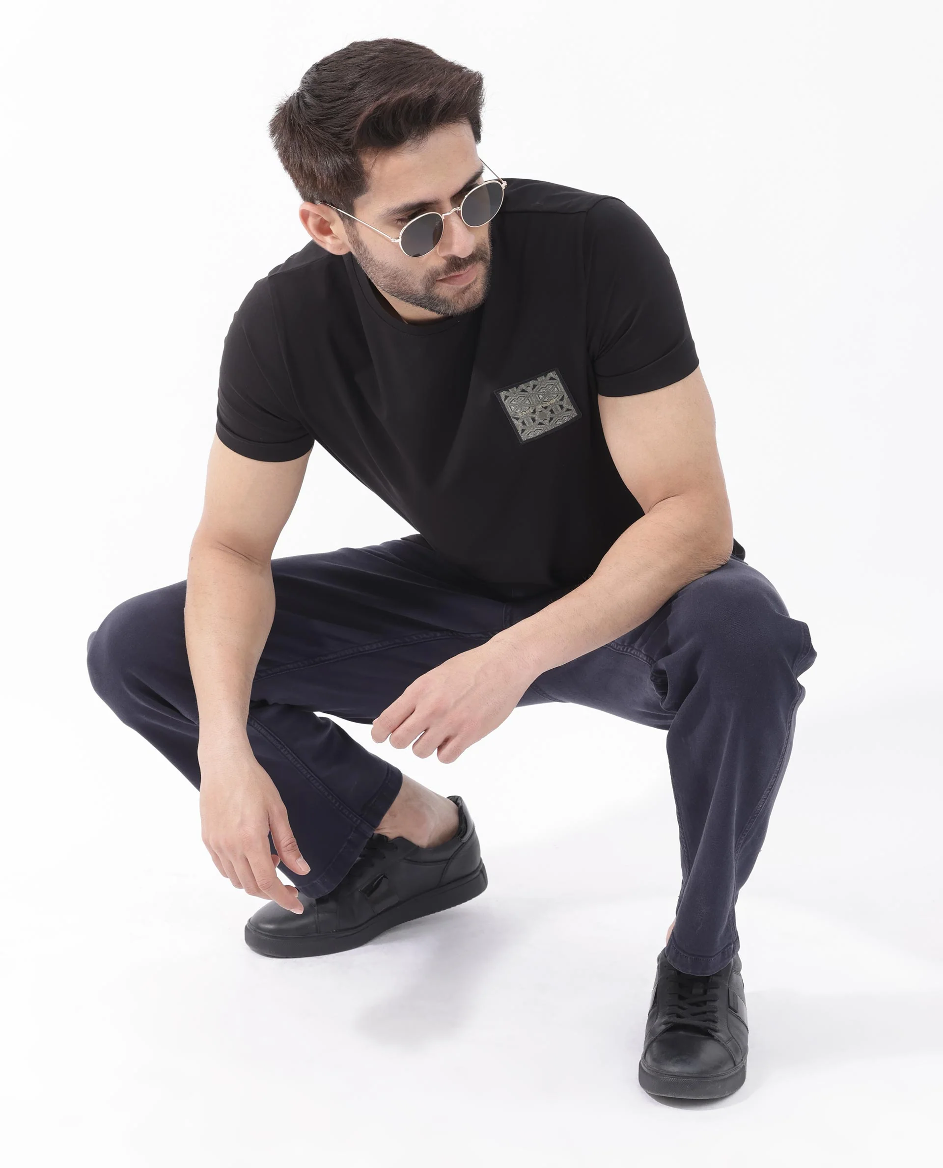 Rare Rabbit Men's Leonel Black Cotton Blend Embroidered Regular Fit Half Sleeve Crew Neck T-Shirt - Image 6