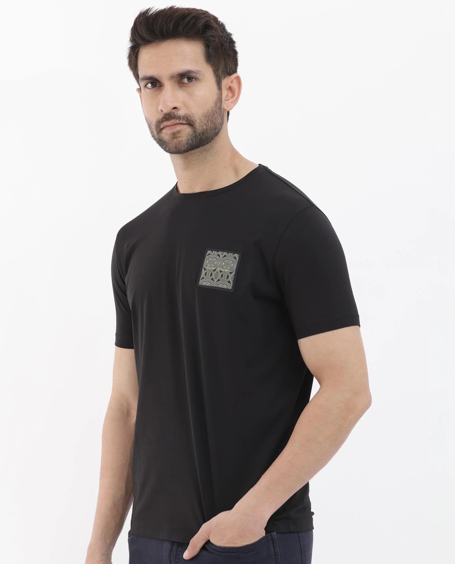 Rare Rabbit Men's Leonel Black Cotton Blend Embroidered Regular Fit Half Sleeve Crew Neck T-Shirt - Image 7