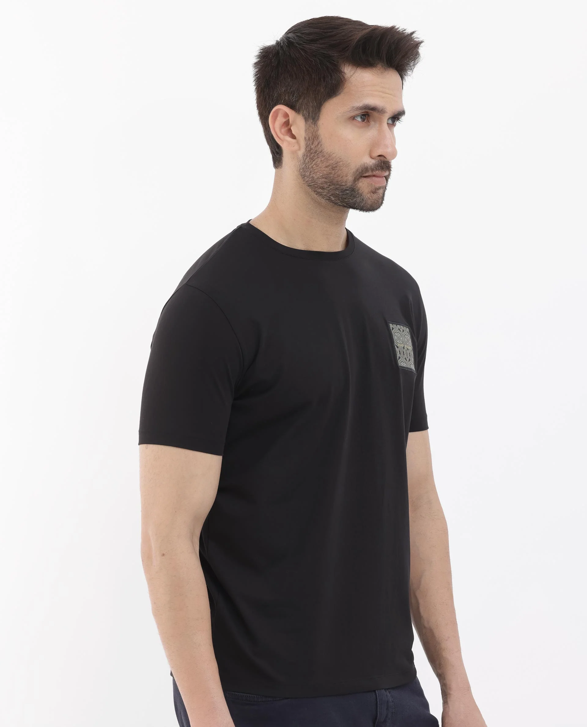 Rare Rabbit Men's Leonel Black Cotton Blend Embroidered Regular Fit Half Sleeve Crew Neck T-Shirt - Image 8