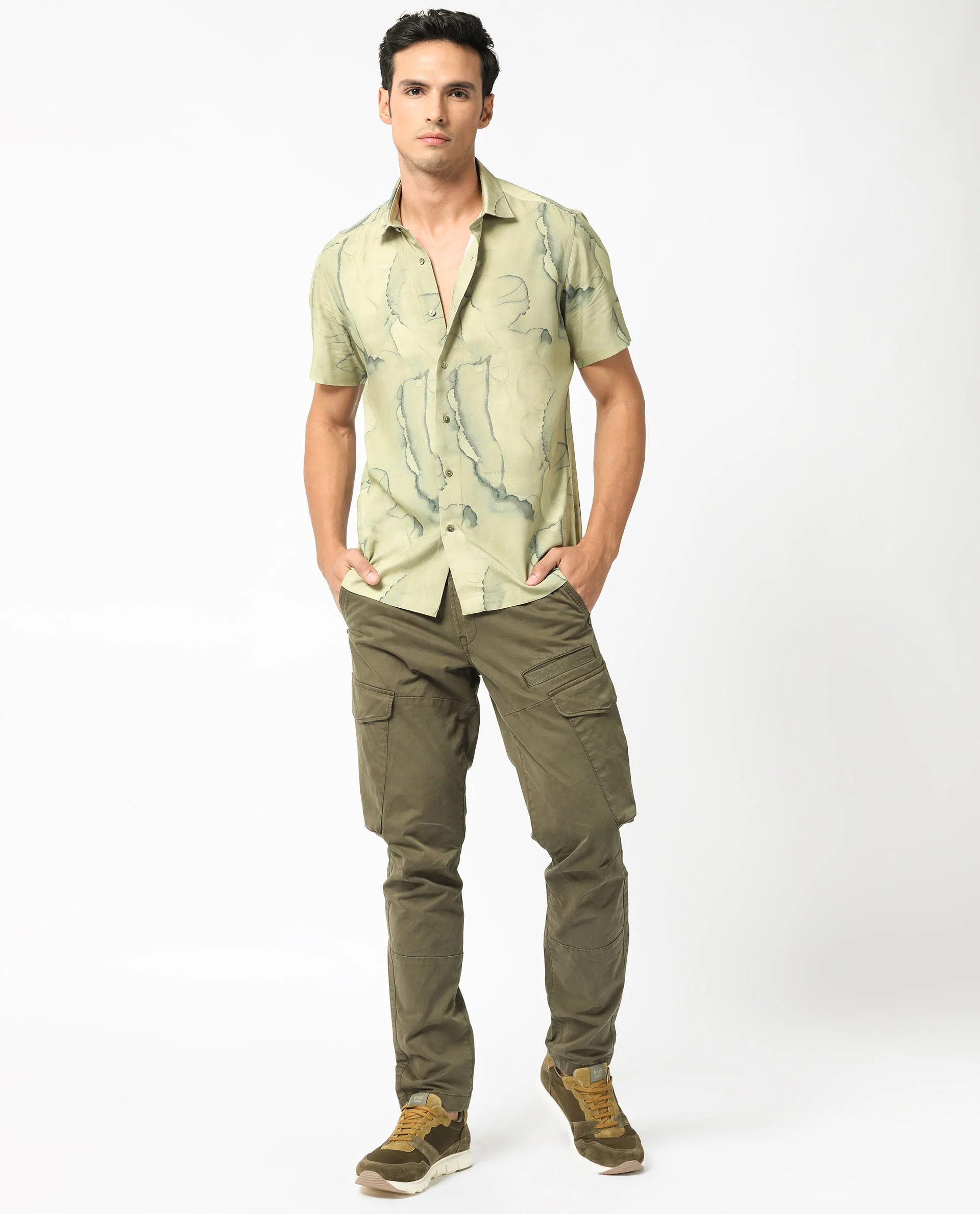 Rare Rabbit Men's Leons Ss Green Viscose Abstract Print Regular Fit Half Sleeve Collared Shirt - Image 2