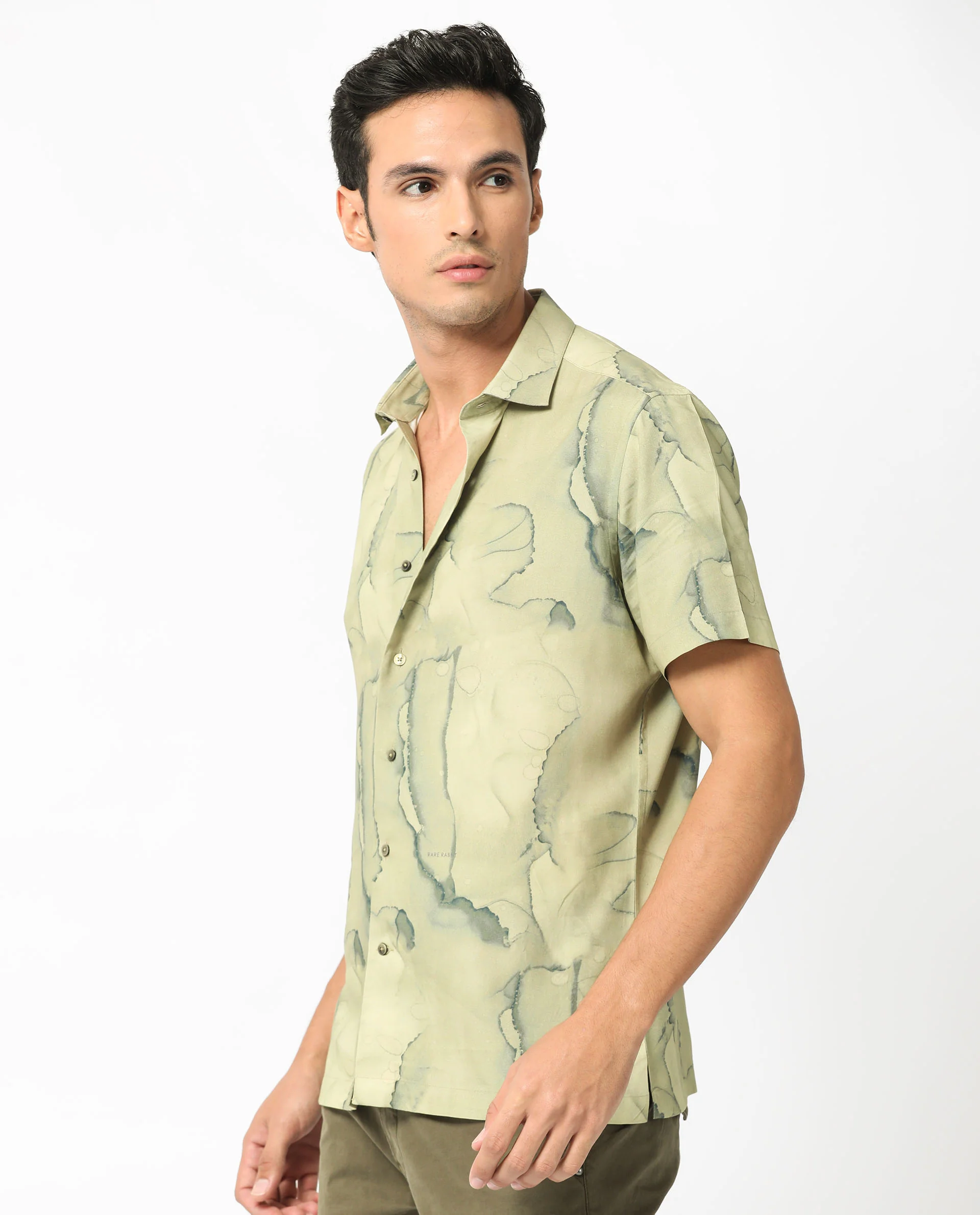 Rare Rabbit Men's Leons Ss Green Viscose Abstract Print Regular Fit Half Sleeve Collared Shirt - Image 4