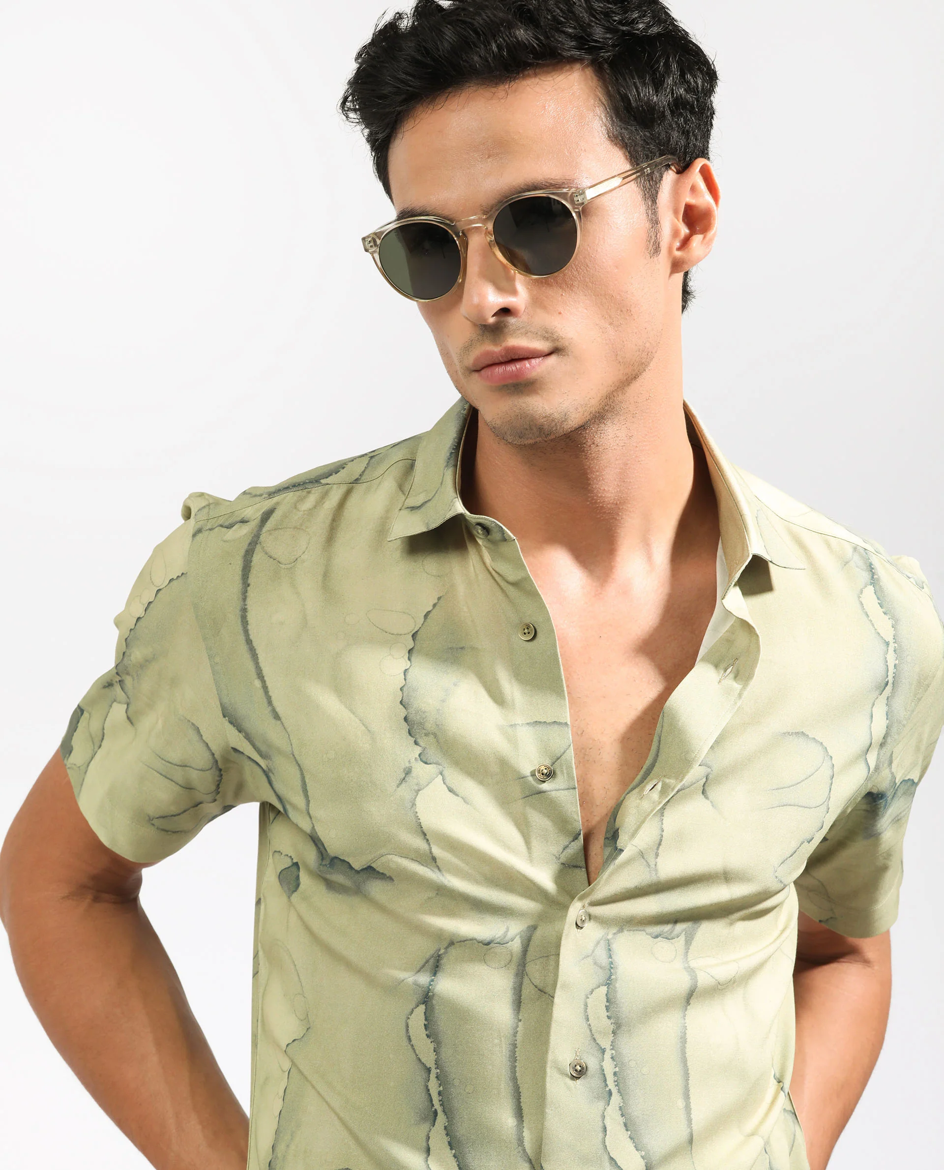 Rare Rabbit Men's Leons Ss Green Viscose Abstract Print Regular Fit Half Sleeve Collared Shirt - Image 5