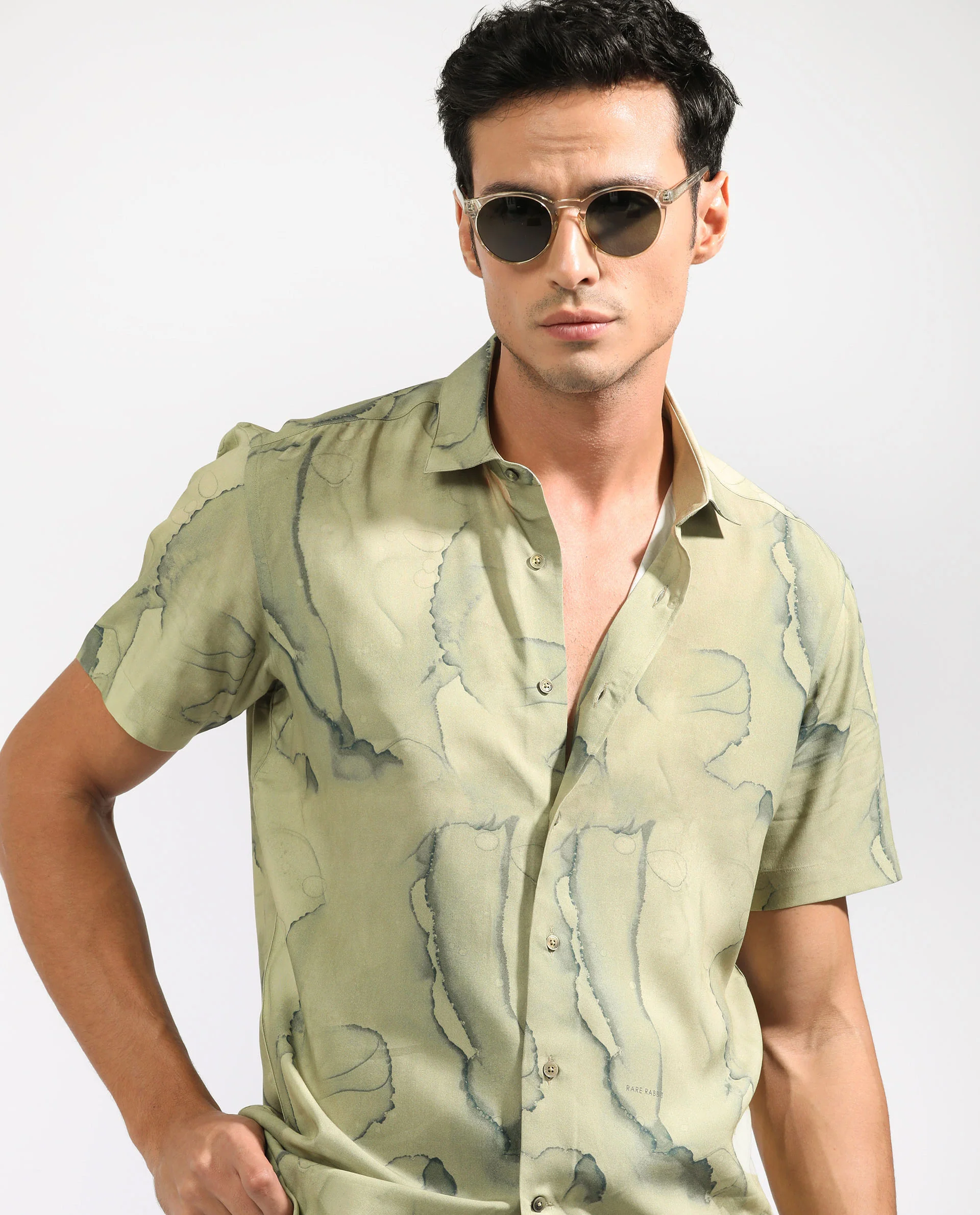 Rare Rabbit Men's Leons Ss Green Viscose Abstract Print Regular Fit Half Sleeve Collared Shirt - Image 7