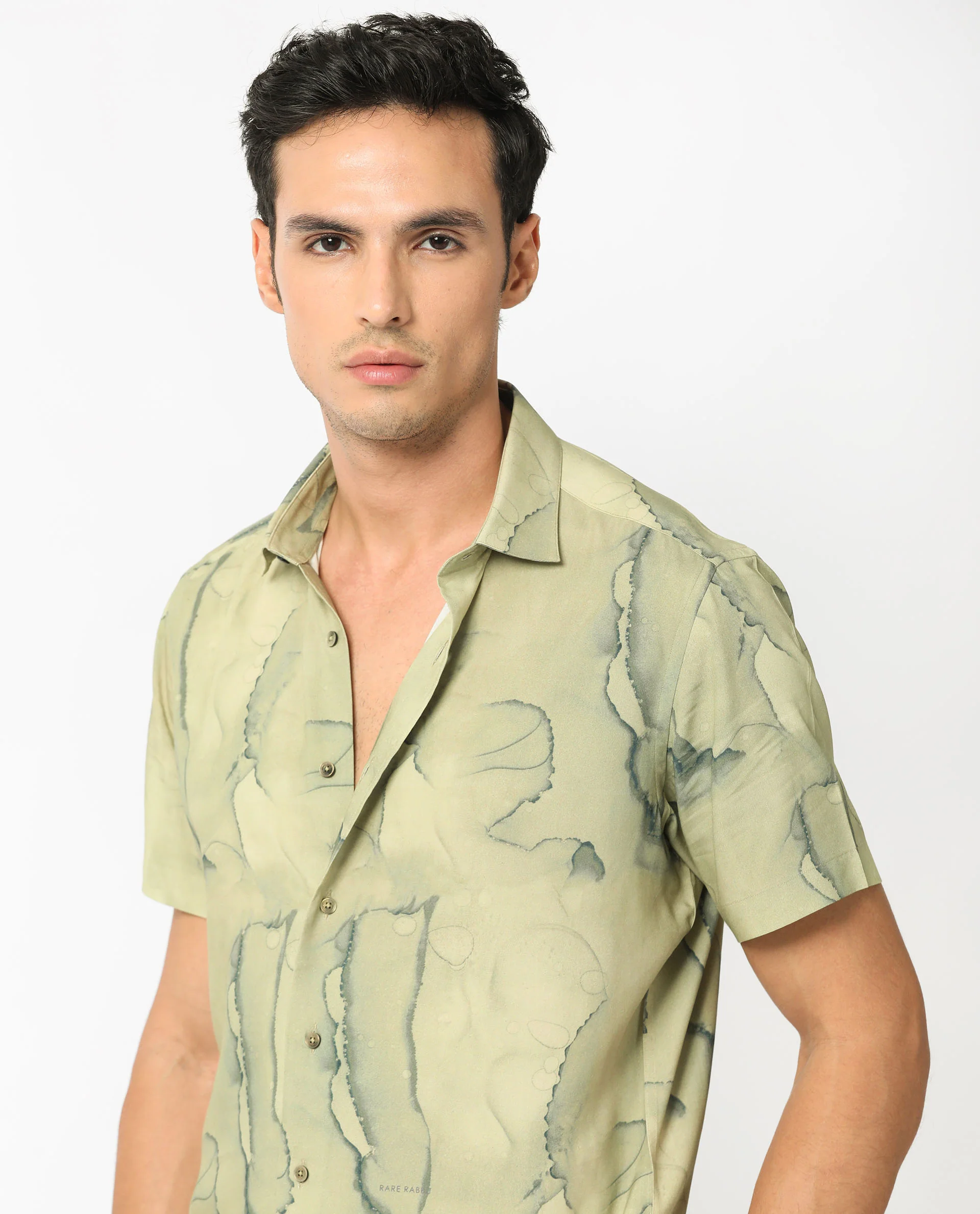 Rare Rabbit Men's Leons Ss Green Viscose Abstract Print Regular Fit Half Sleeve Collared Shirt - Image 8