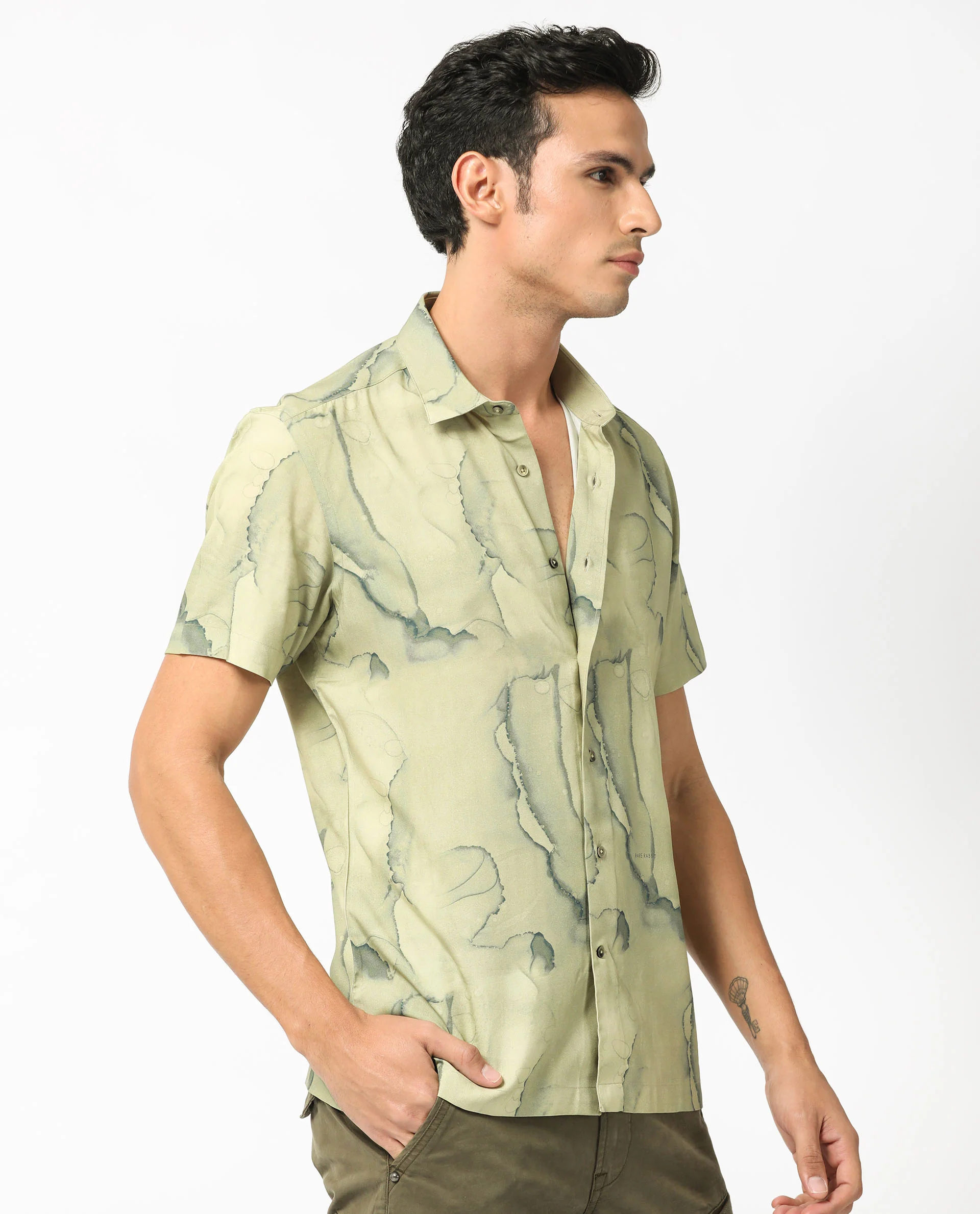Rare Rabbit Men's Leons Ss Green Viscose Abstract Print Regular Fit Half Sleeve Collared Shirt - Image 9