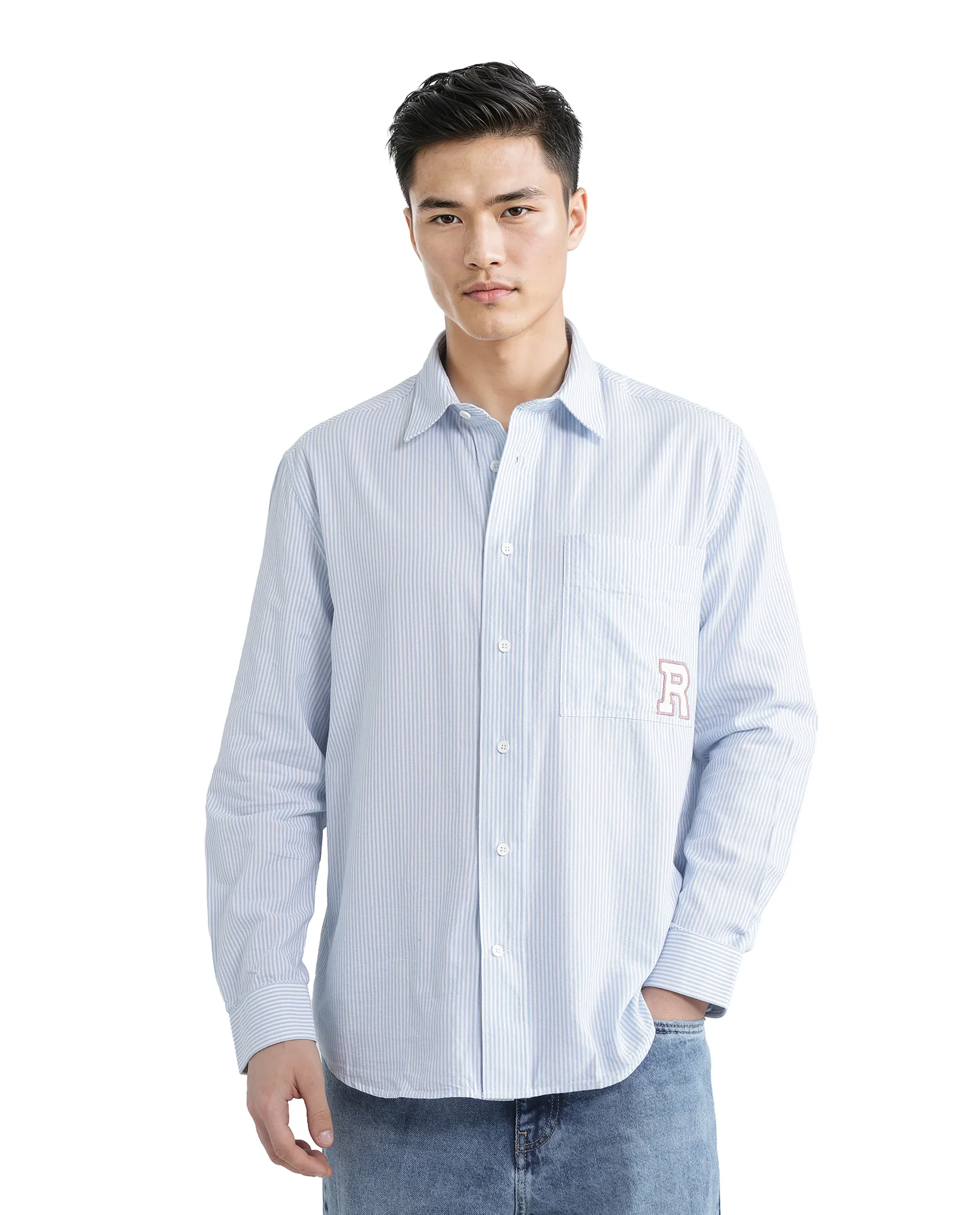 Rare Rabbit Men's Leor Blue Cotton Striped Print Regular Fit Full Sleeve Collared Shirt