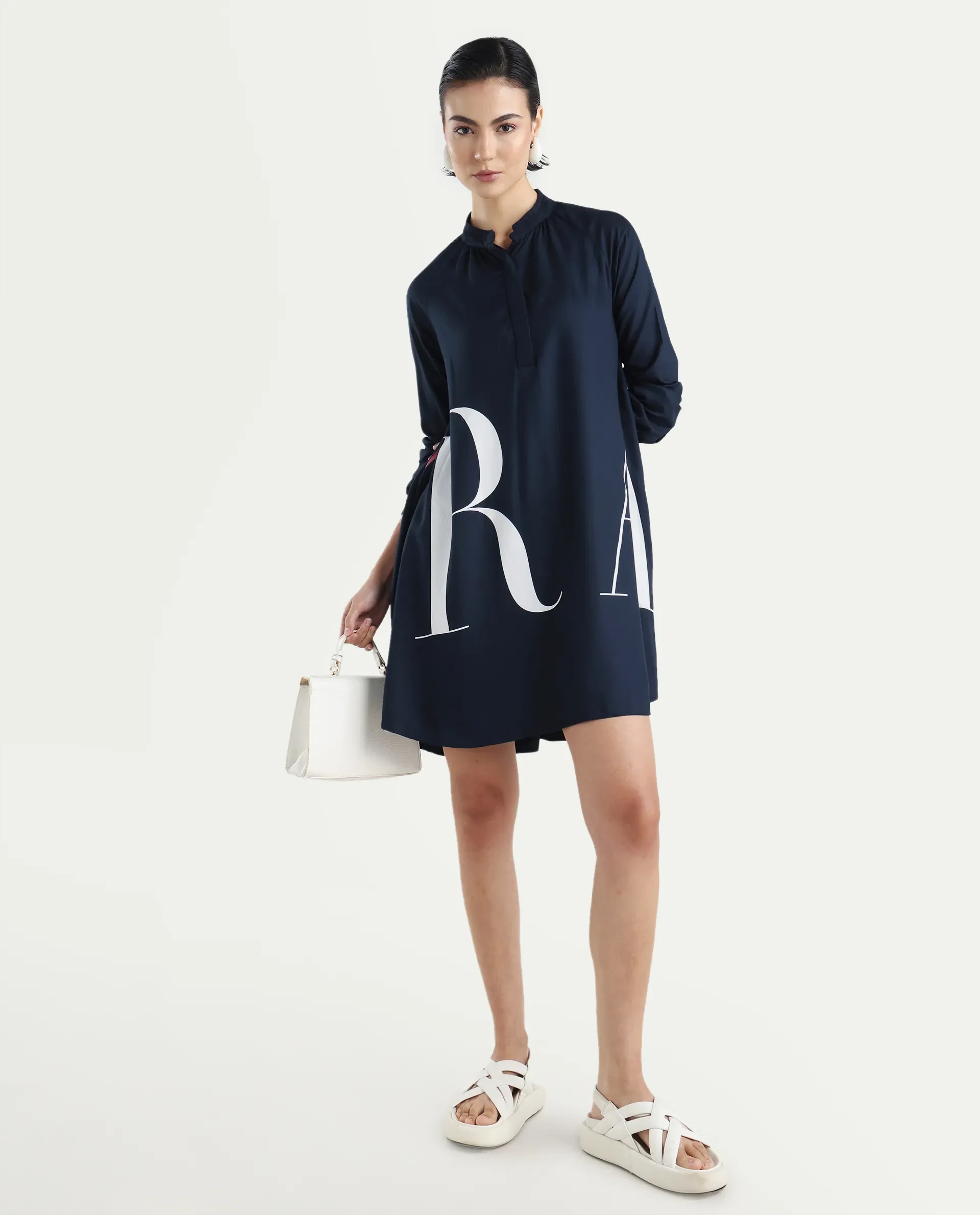 Rareism Women's Leor Dark Blue Tencel Mandarin Collar Graphic Print Mini A-Line Dress - Image 2