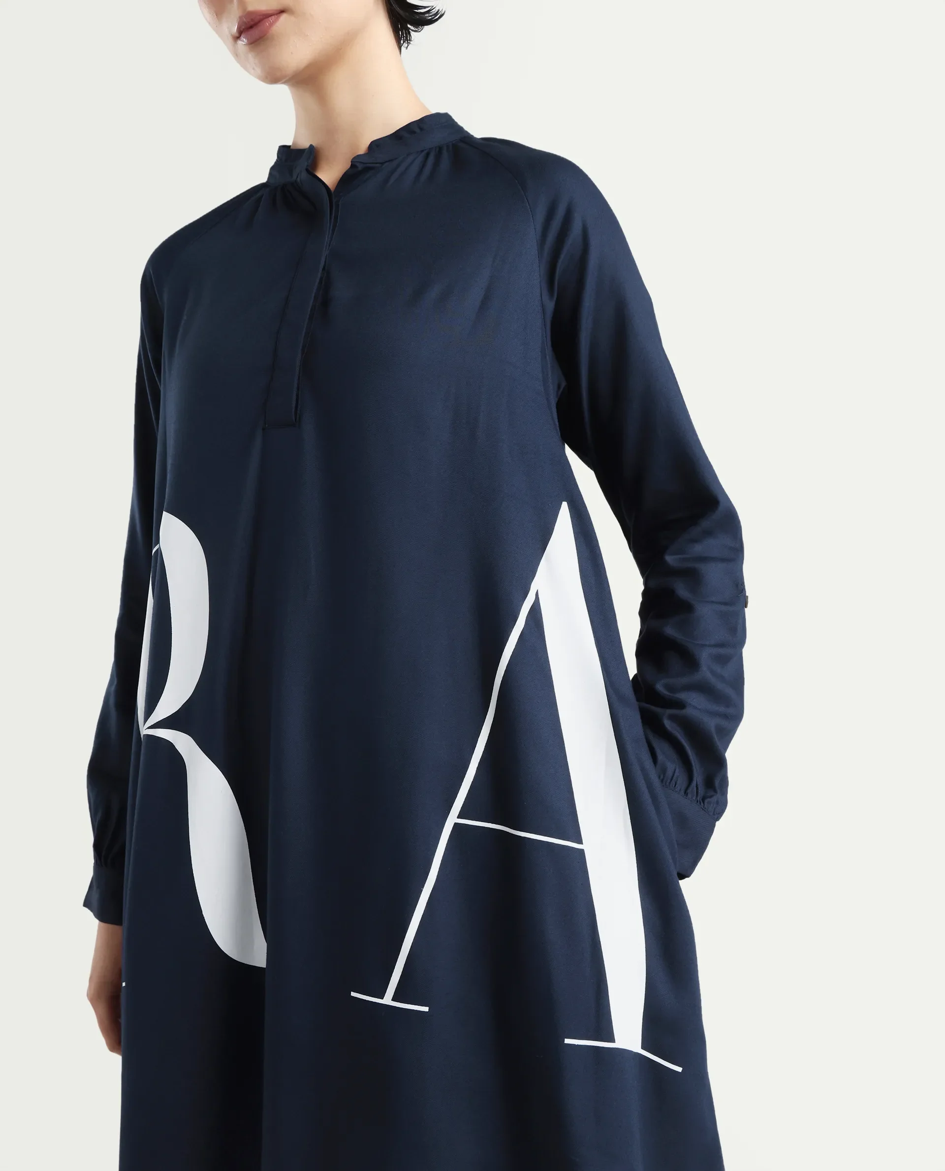 Rareism Women's Leor Dark Blue Tencel Mandarin Collar Graphic Print Mini A-Line Dress - Image 3