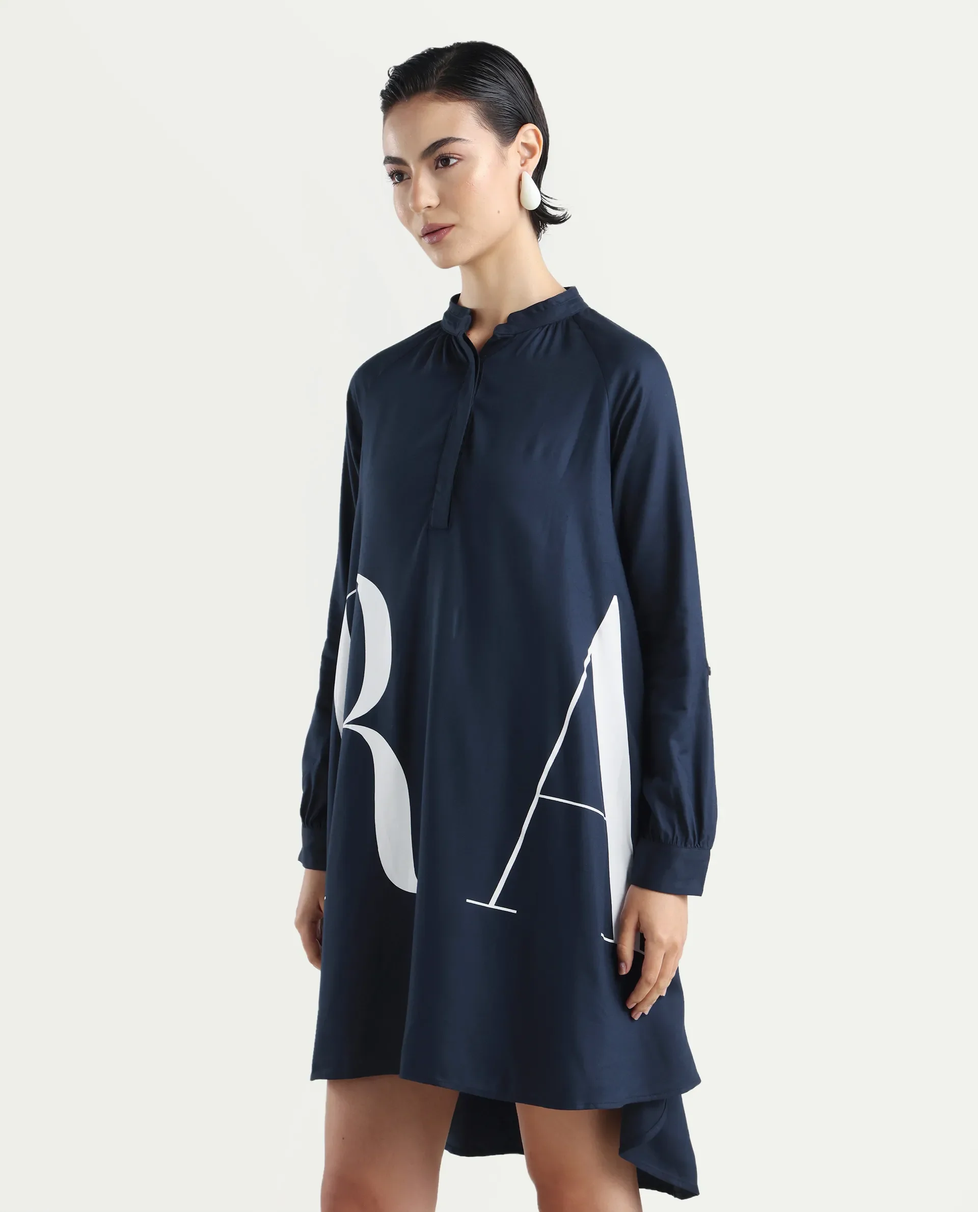 Rareism Women's Leor Dark Blue Tencel Mandarin Collar Graphic Print Mini A-Line Dress - Image 4
