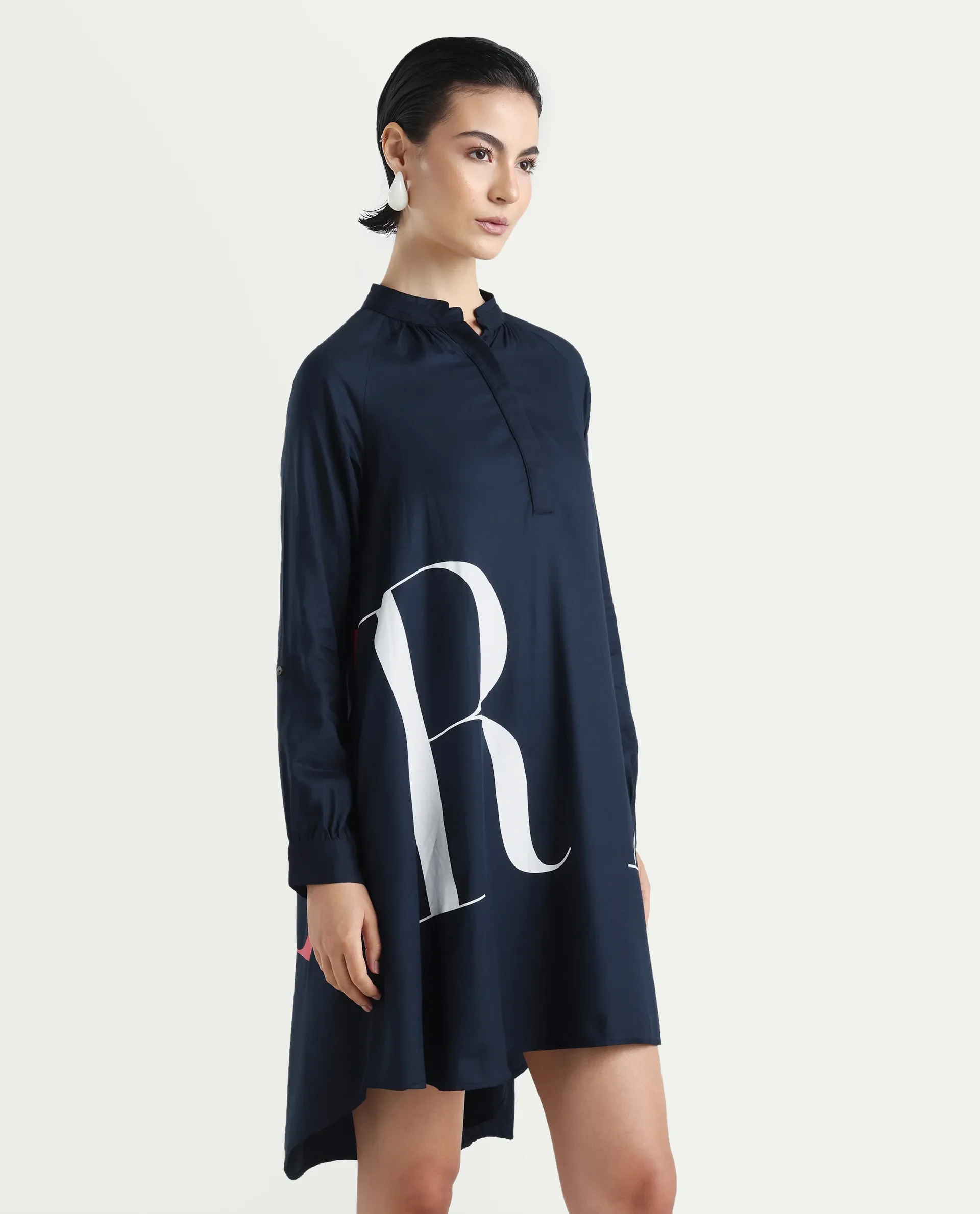 Rareism Women's Leor Dark Blue Tencel Mandarin Collar Graphic Print Mini A-Line Dress - Image 5