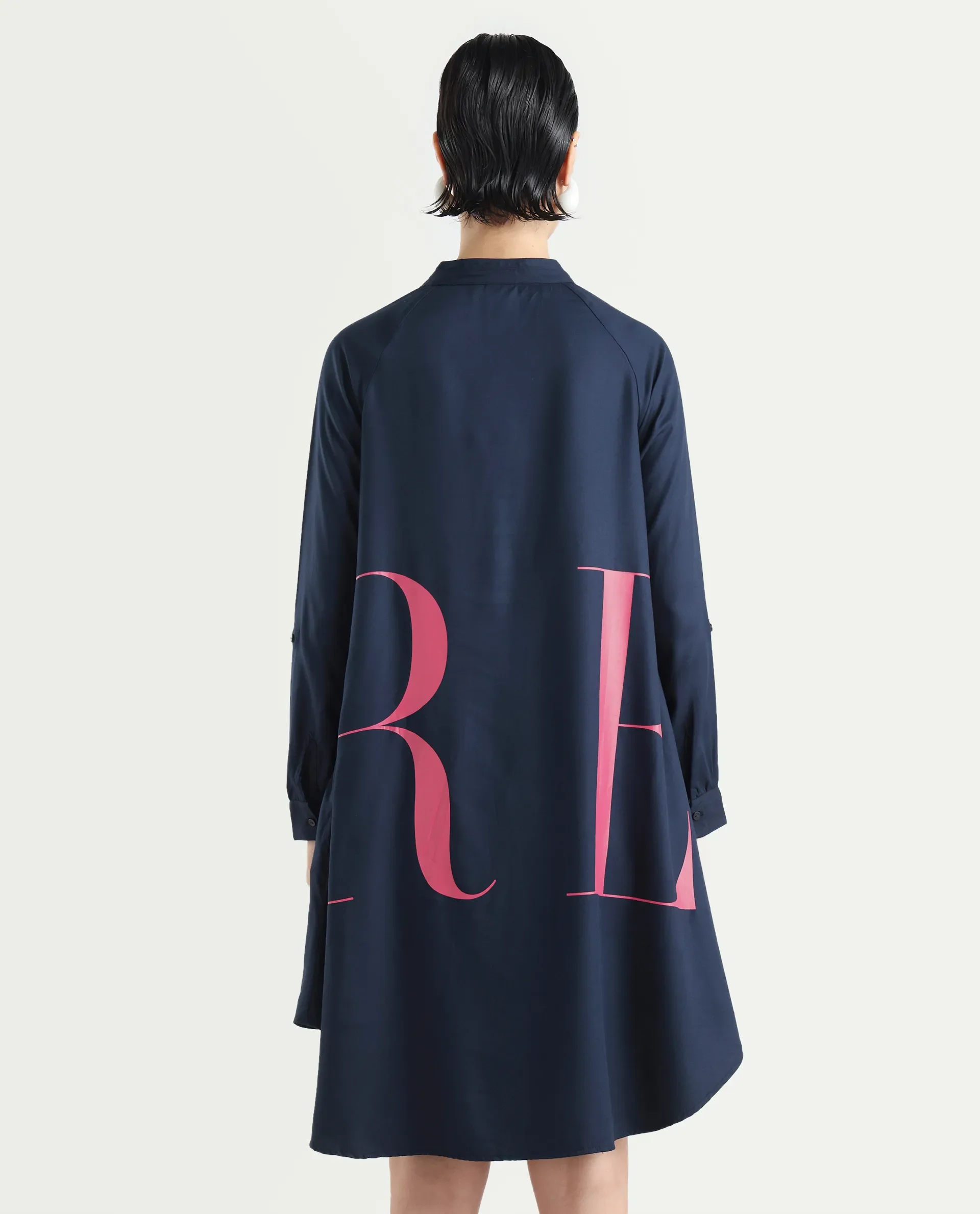 Rareism Women's Leor Dark Blue Tencel Mandarin Collar Graphic Print Mini A-Line Dress - Image 6