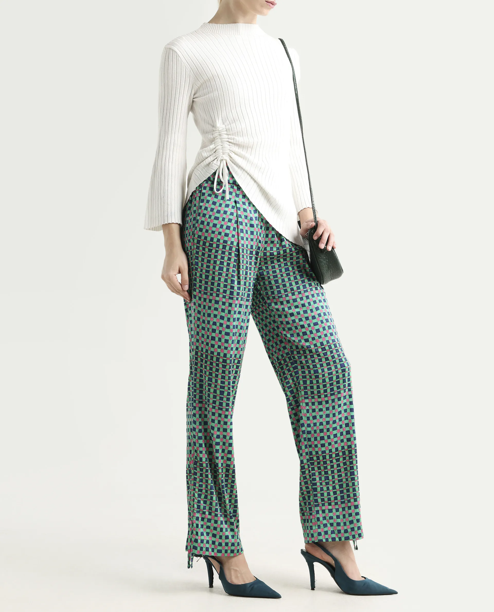 Rareism Women's Leora Green Polyester Geometric Print Ankle Length Tailored Trouser