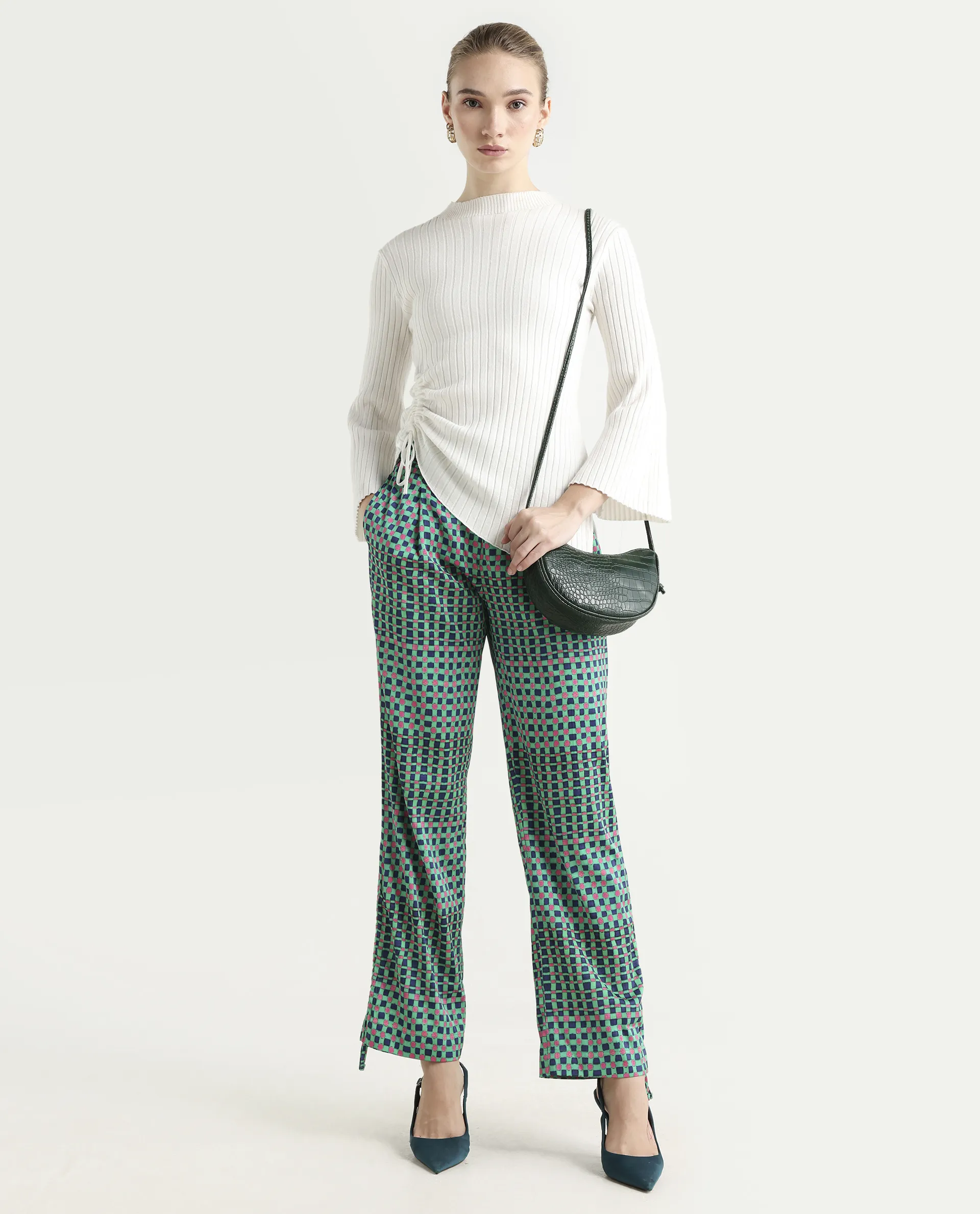 Rareism Women's Leora Green Polyester Geometric Print Ankle Length Tailored Trouser - Image 2