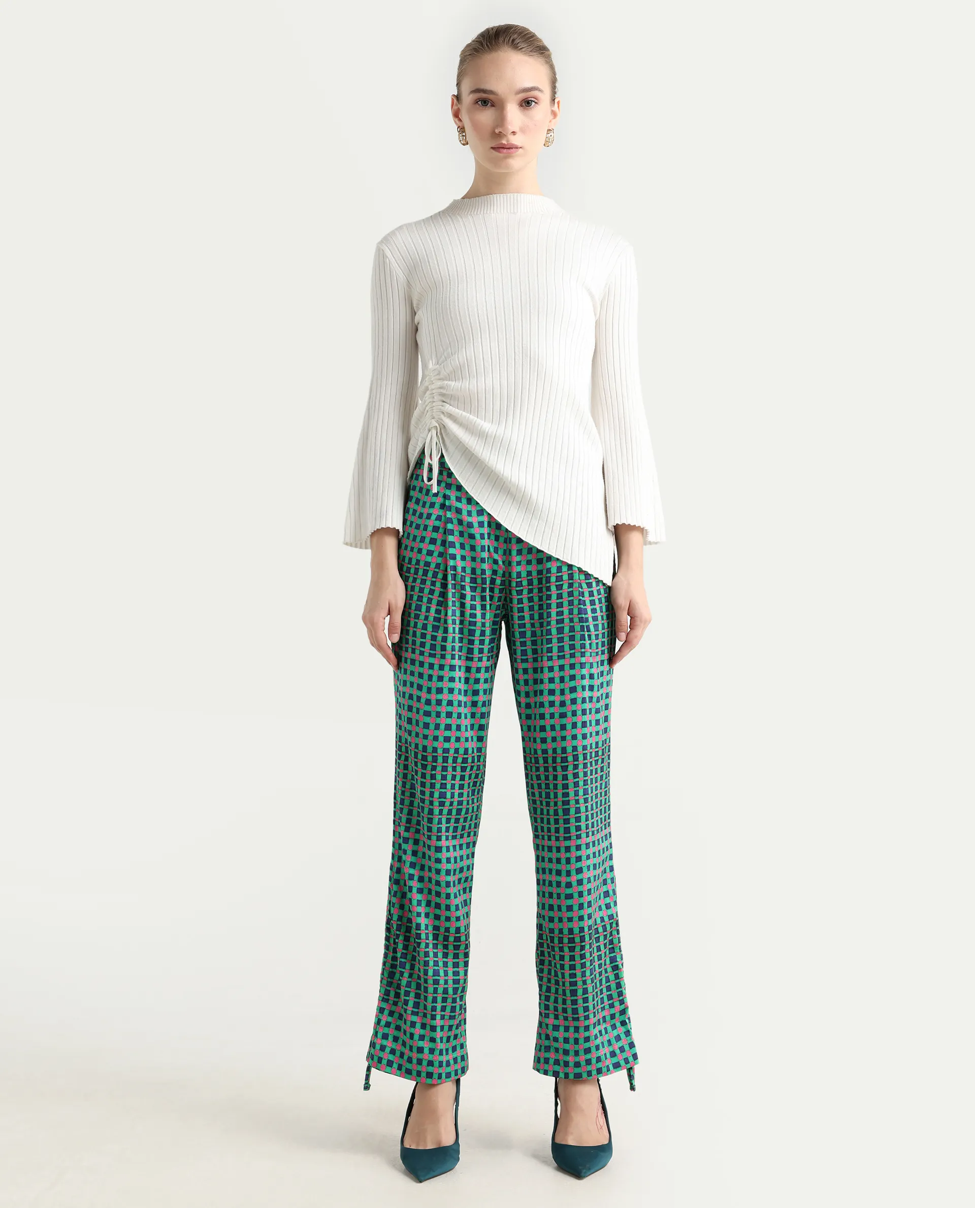 Rareism Women's Leora Green Polyester Geometric Print Ankle Length Tailored Trouser - Image 3