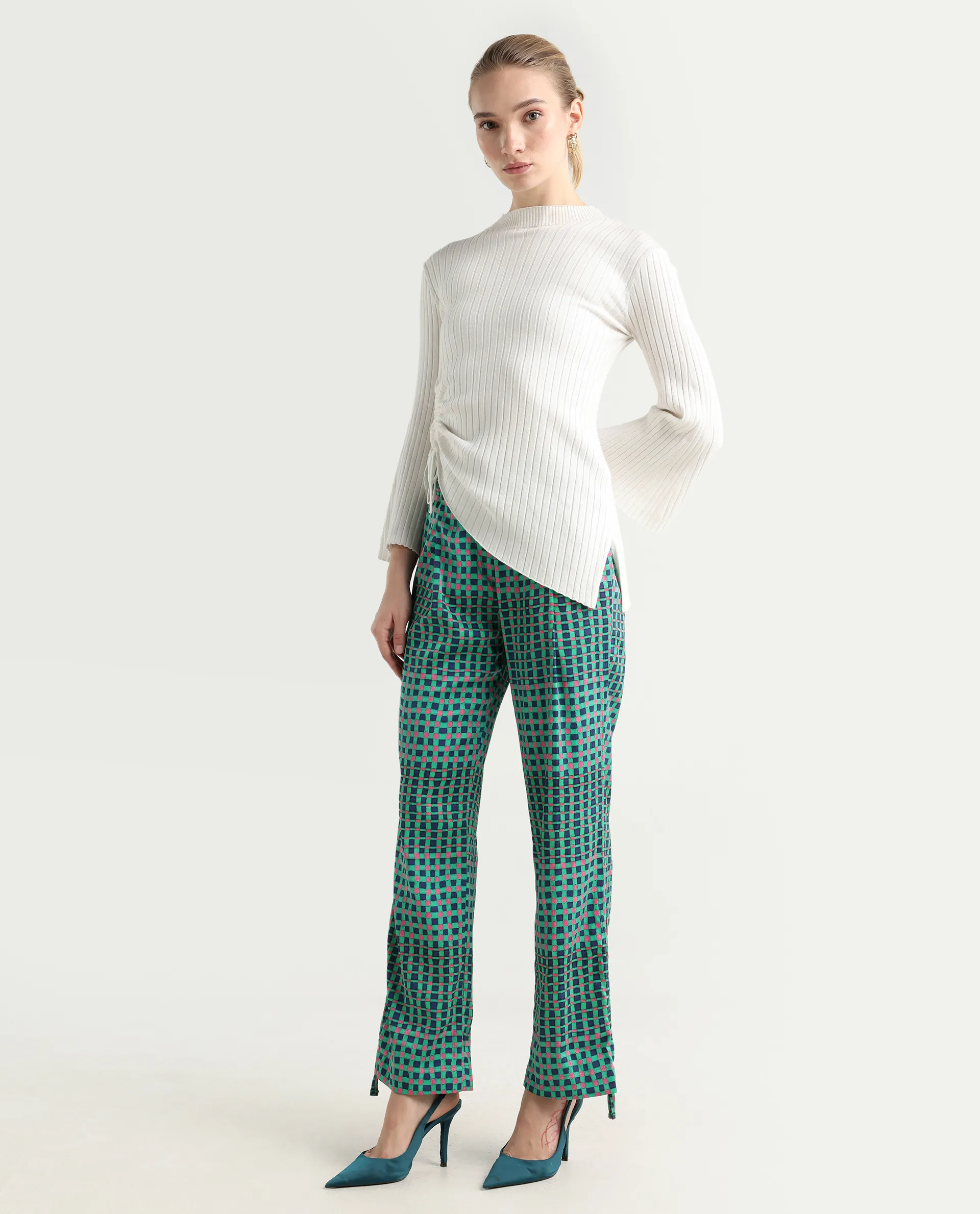 Rareism Women's Leora Green Polyester Geometric Print Ankle Length Tailored Trouser - Image 6