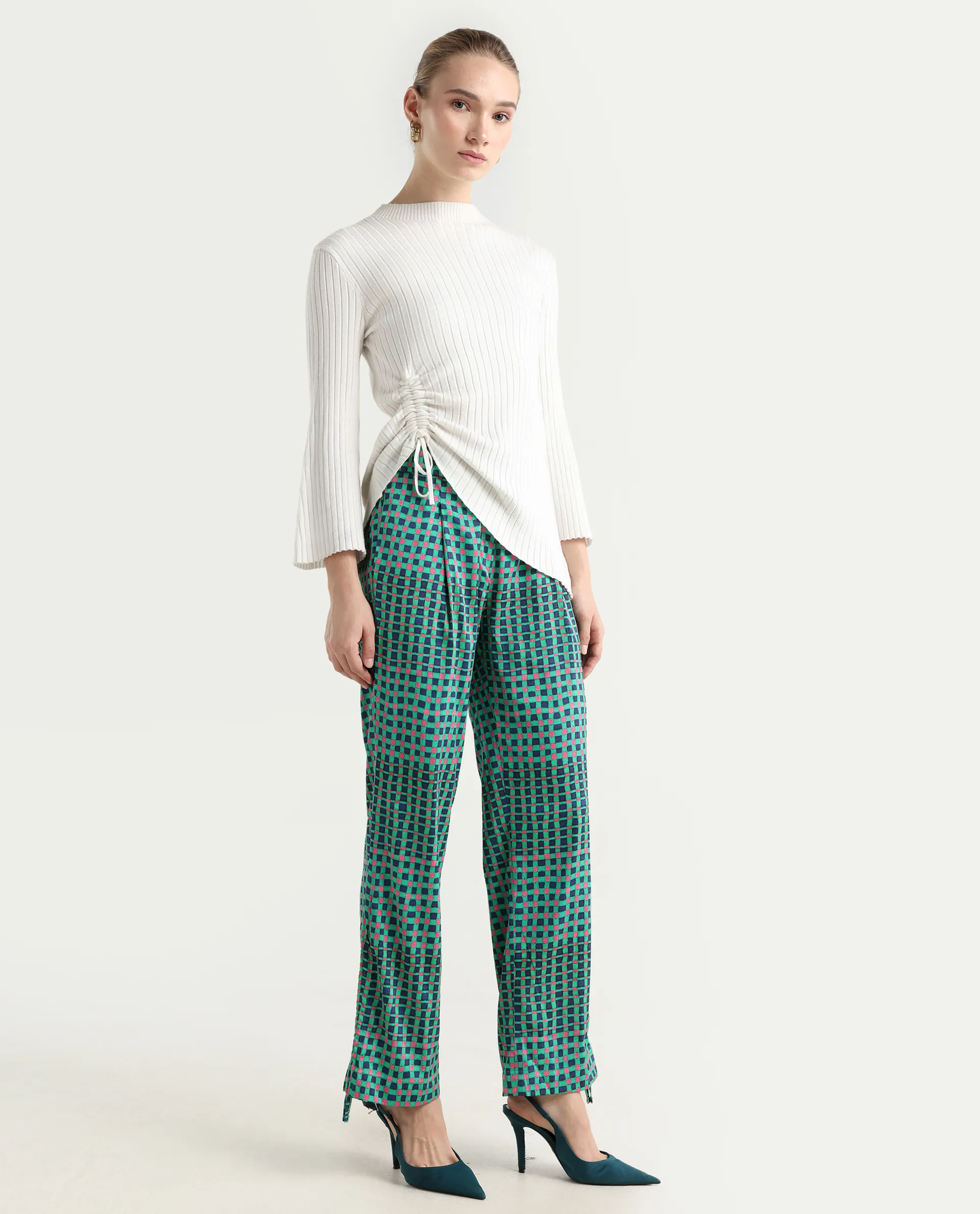 Rareism Women's Leora Green Polyester Geometric Print Ankle Length Tailored Trouser - Image 7