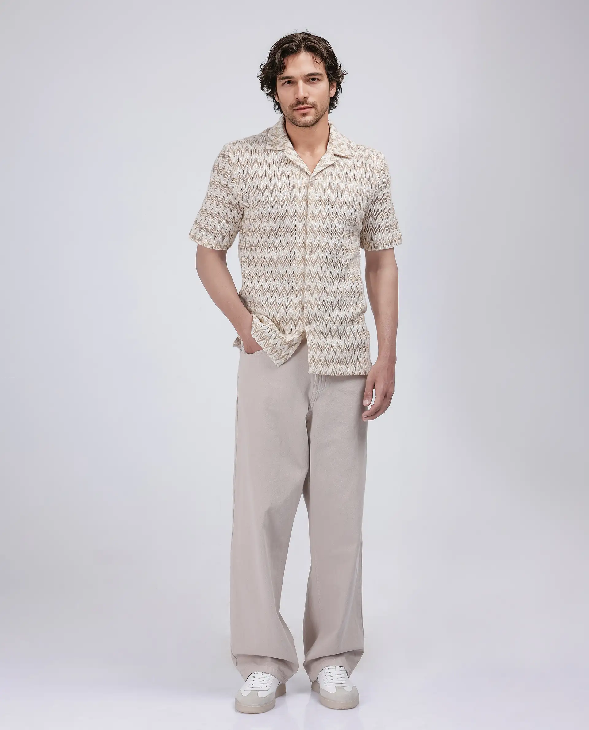 Rare Rabbit Men's Leos Beige Cotton Textured Boxy Fit Half Sleeve Cuban Collar Shirt - Image 2