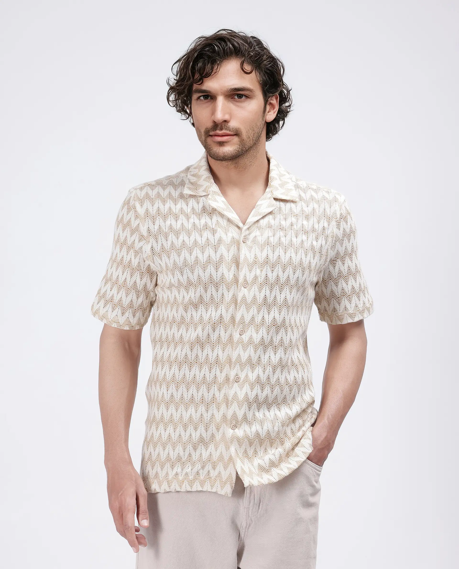 Rare Rabbit Men's Leos Beige Cotton Textured Boxy Fit Half Sleeve Cuban Collar Shirt - Image 3