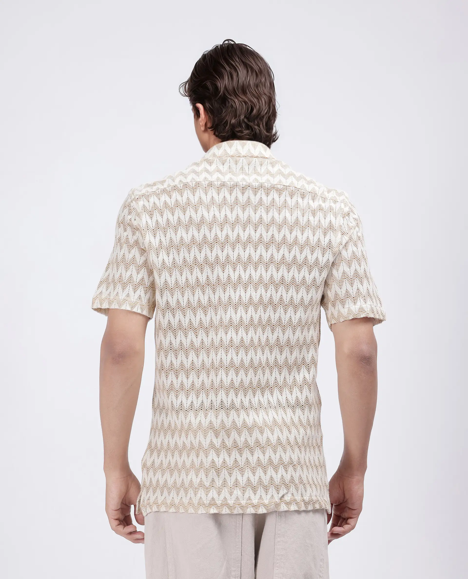 Rare Rabbit Men's Leos Beige Cotton Textured Boxy Fit Half Sleeve Cuban Collar Shirt - Image 4