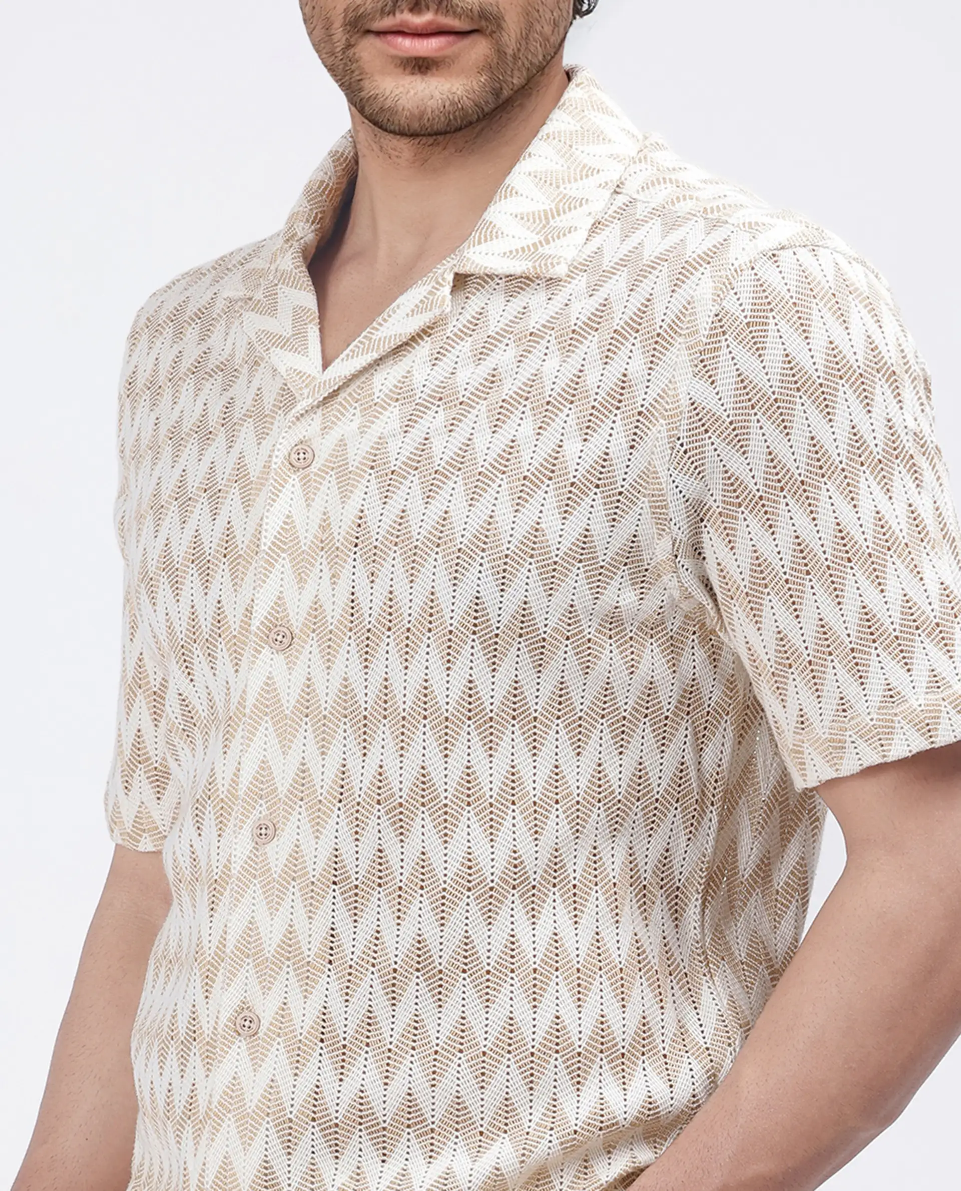 Rare Rabbit Men's Leos Beige Cotton Textured Boxy Fit Half Sleeve Cuban Collar Shirt - Image 5