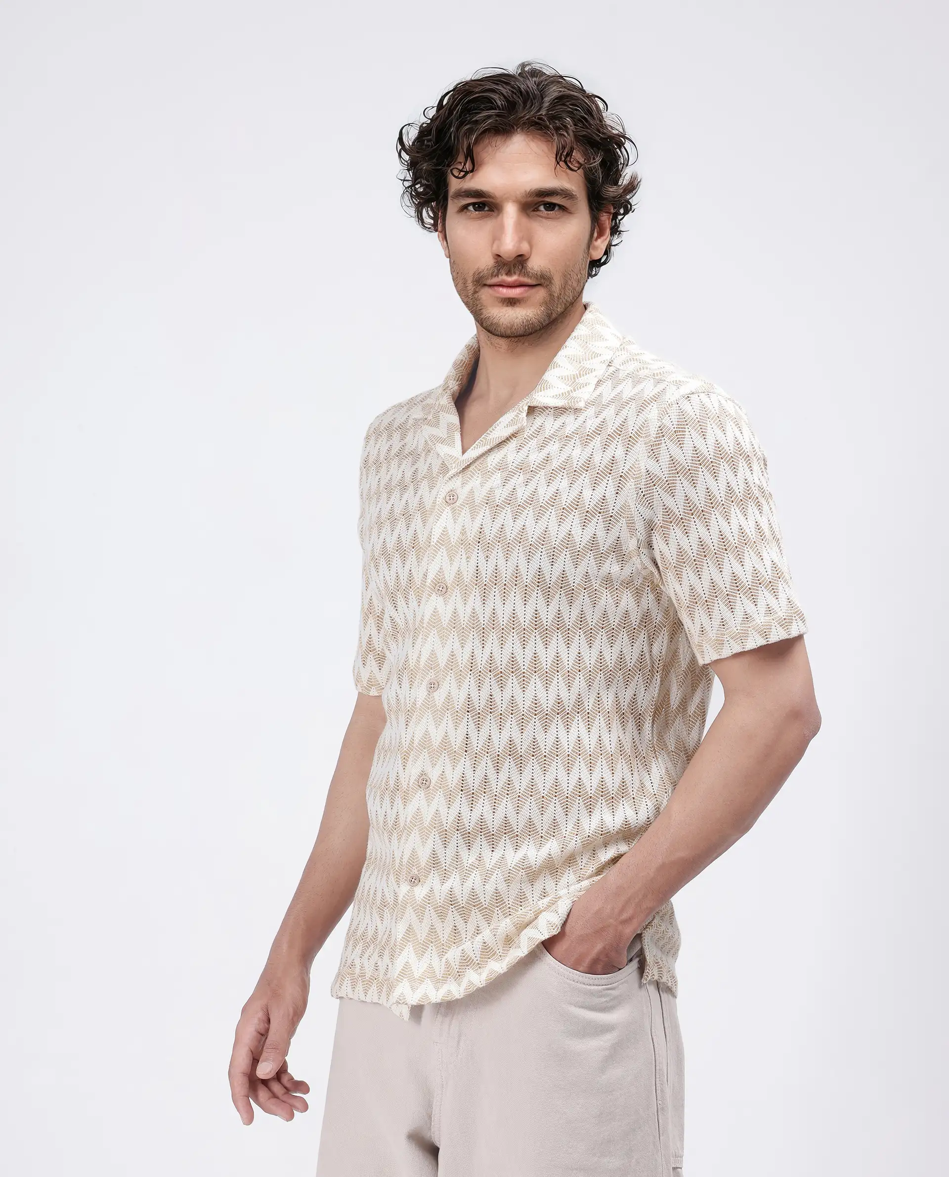 Rare Rabbit Men's Leos Beige Cotton Textured Boxy Fit Half Sleeve Cuban Collar Shirt - Image 6