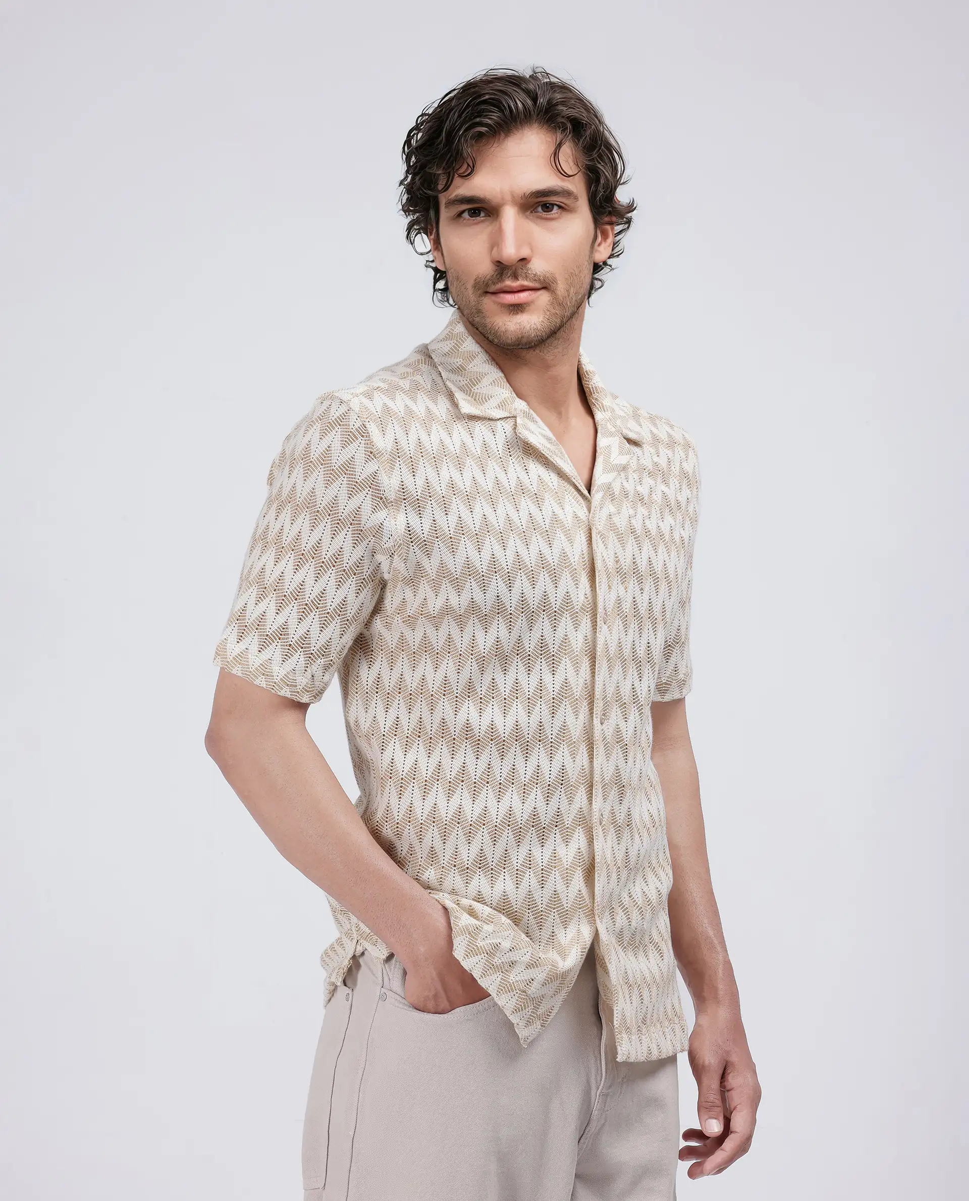 Rare Rabbit Men's Leos Beige Cotton Textured Boxy Fit Half Sleeve Cuban Collar Shirt - Image 7