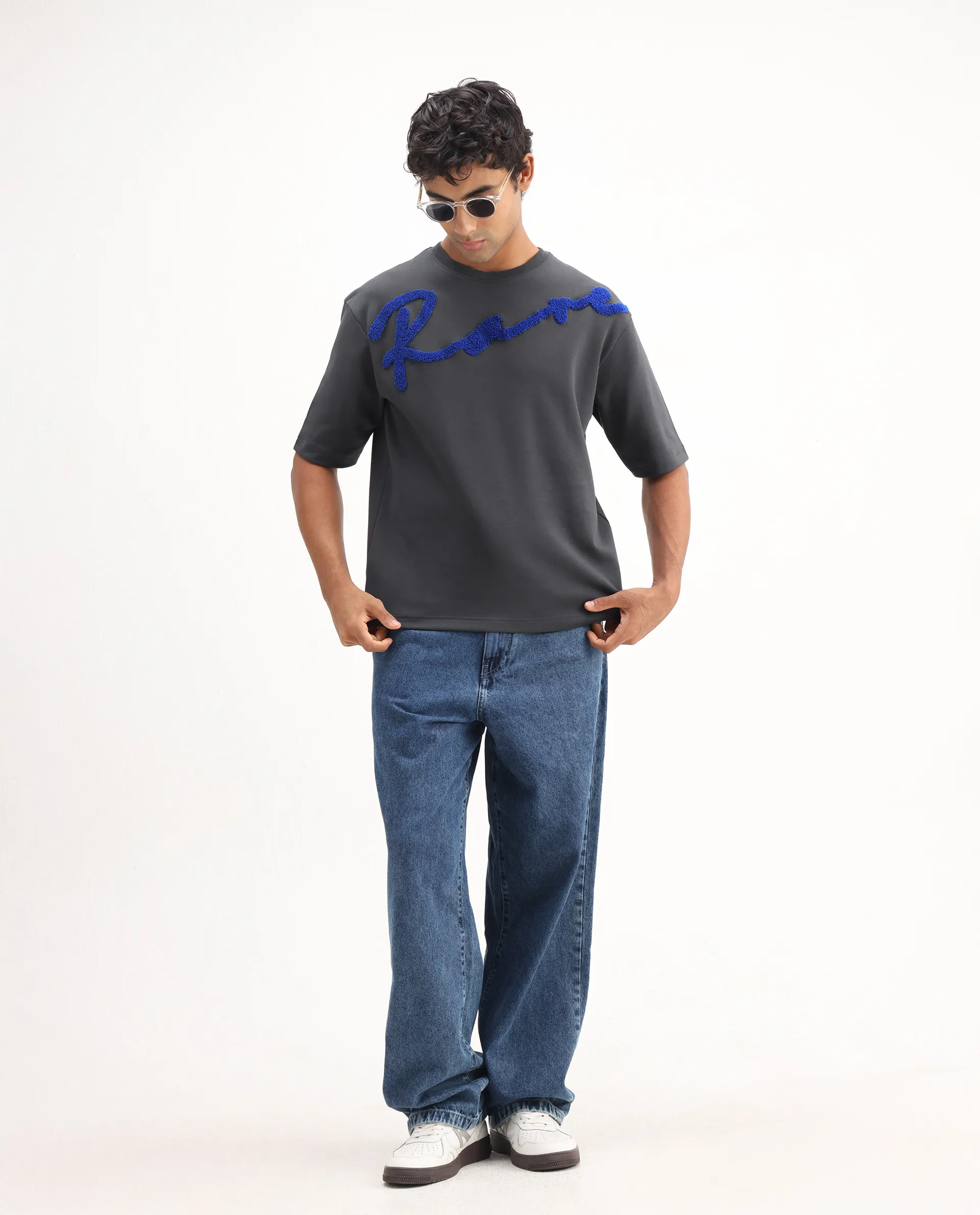Rare Rabbit Men's Lerc Dark Grey Cotton Blend Graphic Print Oversized Fit Half Sleeve Crew Neck T-Shirt - Image 2