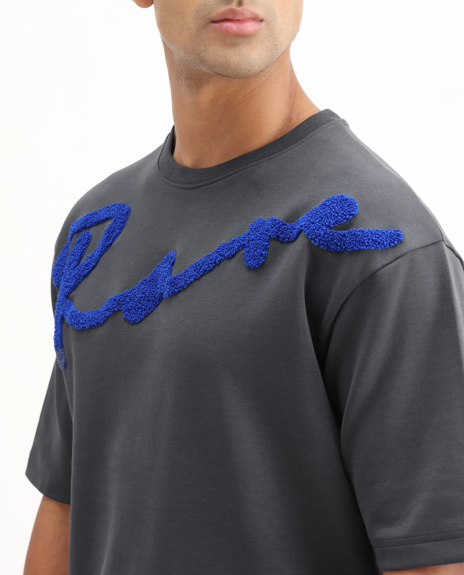 Rare Rabbit Men's Lerc Dark Grey Cotton Blend Graphic Print Oversized Fit Half Sleeve Crew Neck T-Shirt - Image 3