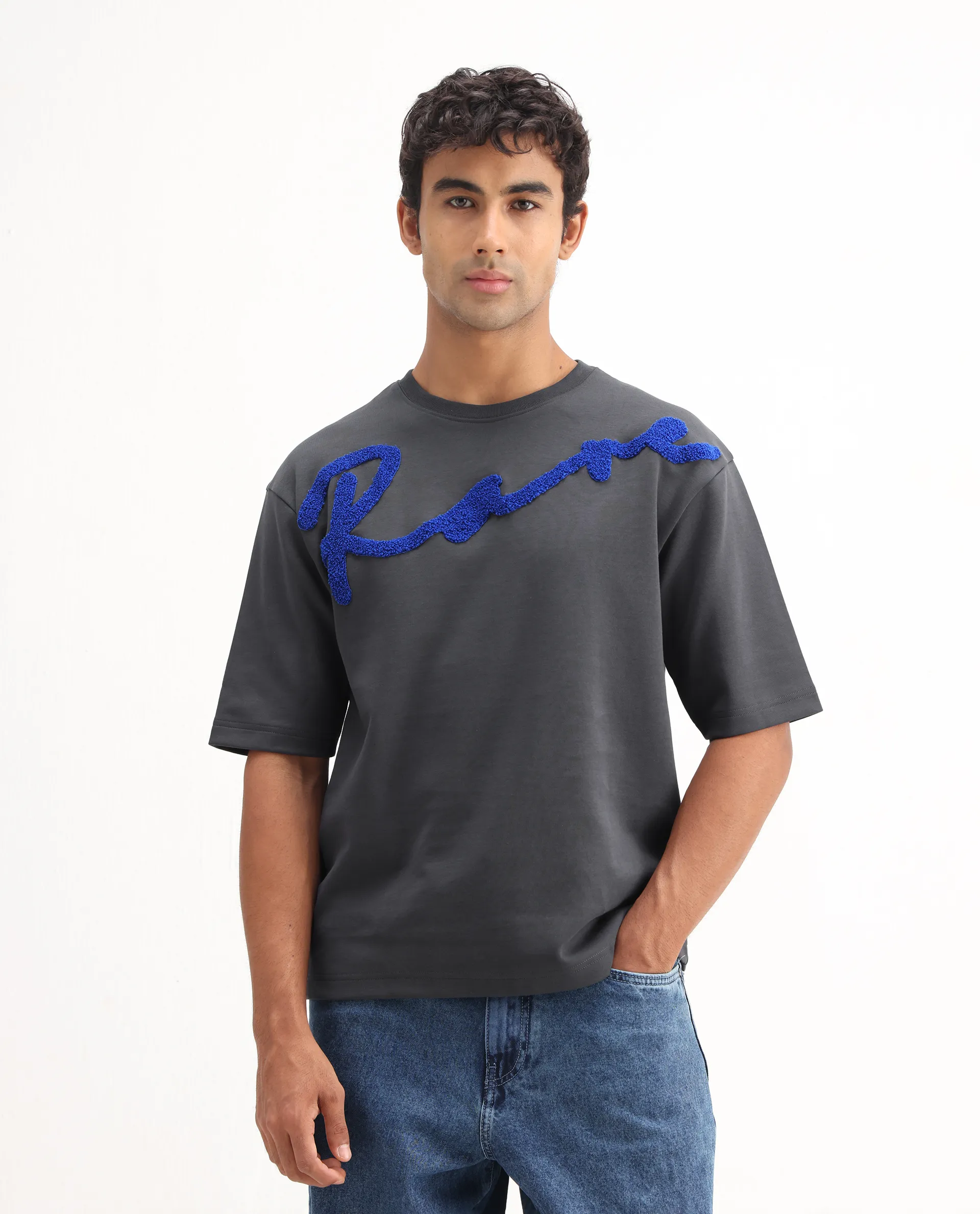 Rare Rabbit Men's Lerc Dark Grey Cotton Blend Graphic Print Oversized Fit Half Sleeve Crew Neck T-Shirt - Image 4