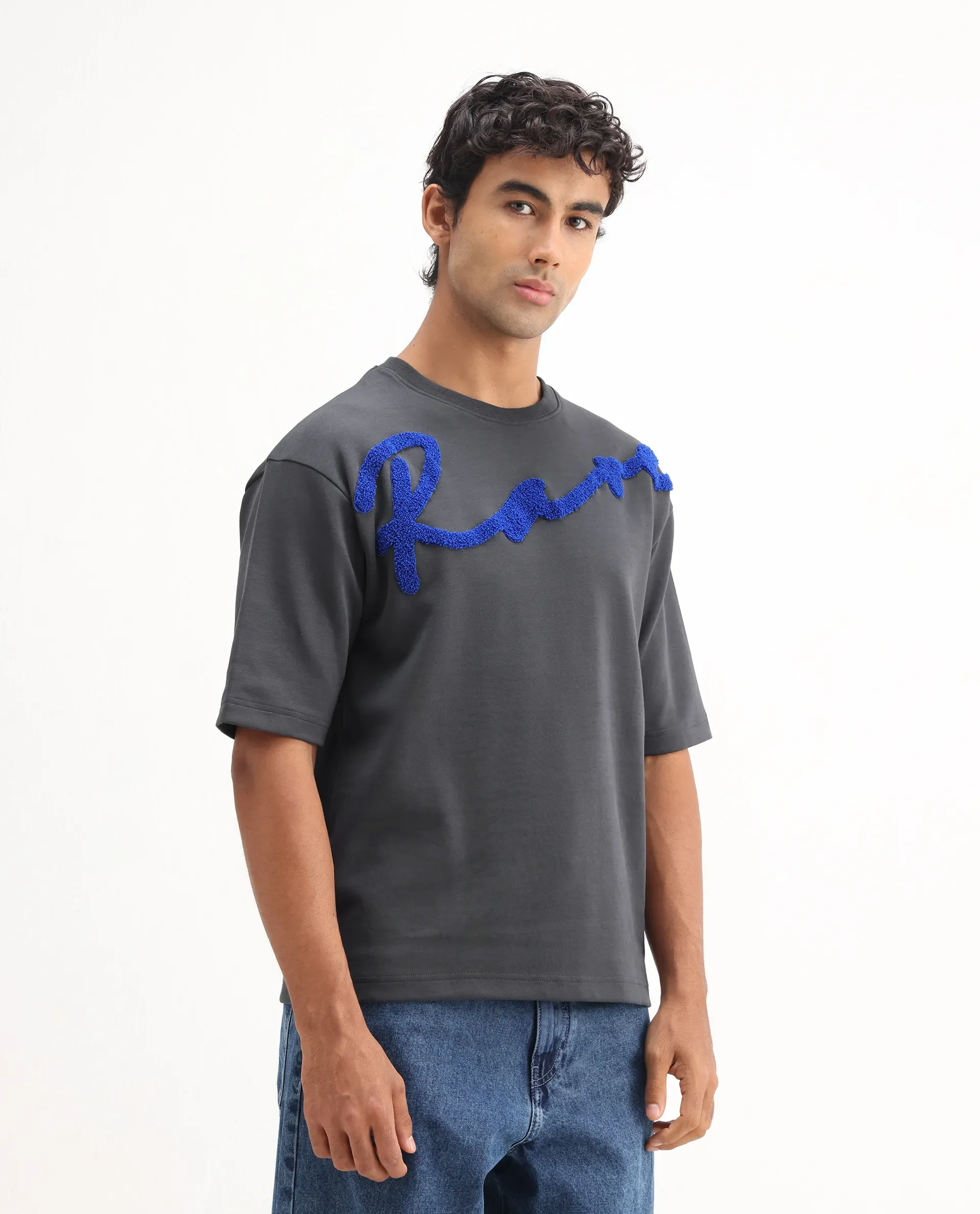 Rare Rabbit Men's Lerc Dark Grey Cotton Blend Graphic Print Oversized Fit Half Sleeve Crew Neck T-Shirt - Image 6