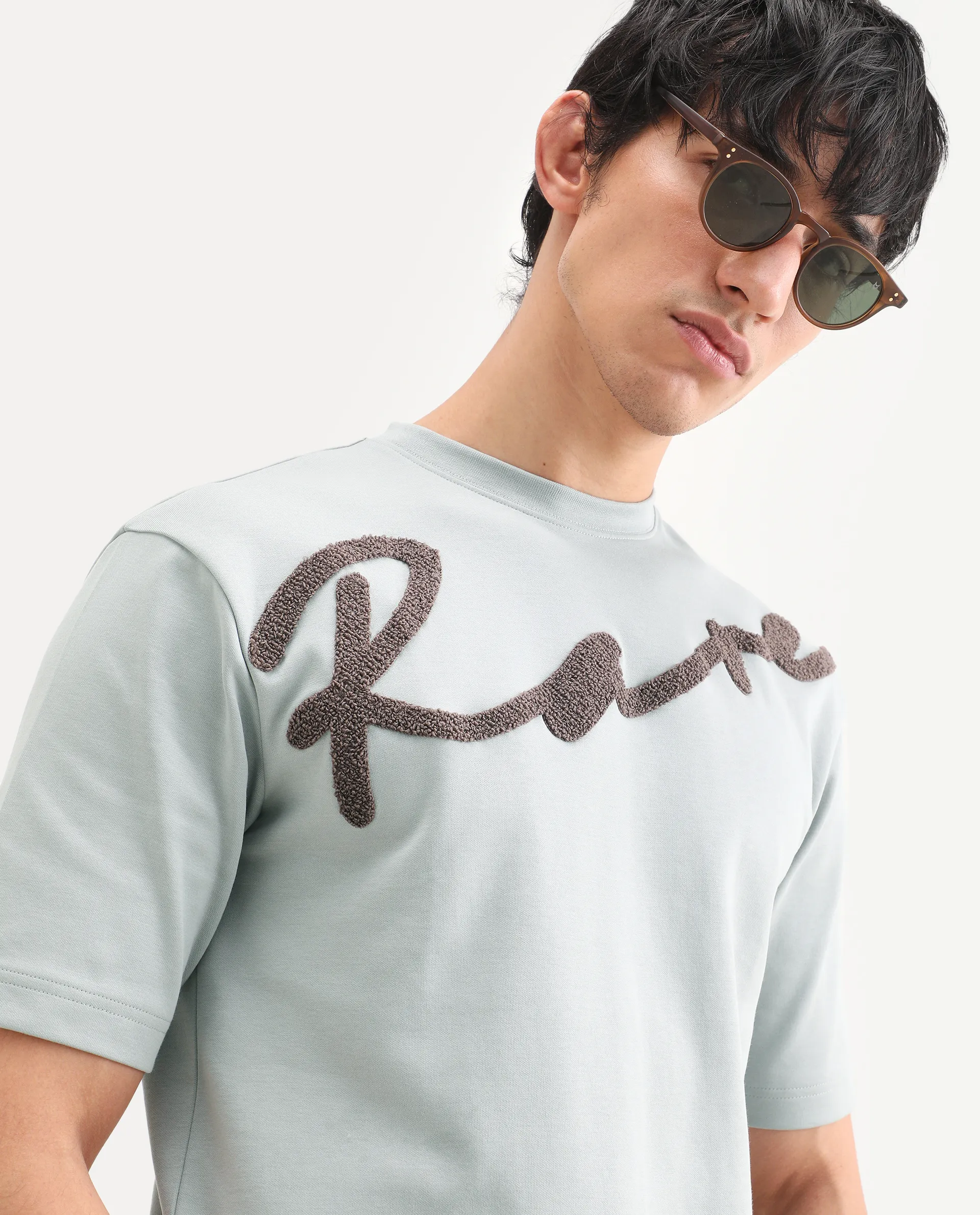 Rare Rabbit Men's Lerc-S26 Dusky Blue Cotton Blend Fabric Half Sleeve Crew Neck Oversize Embroidered T-Shirt