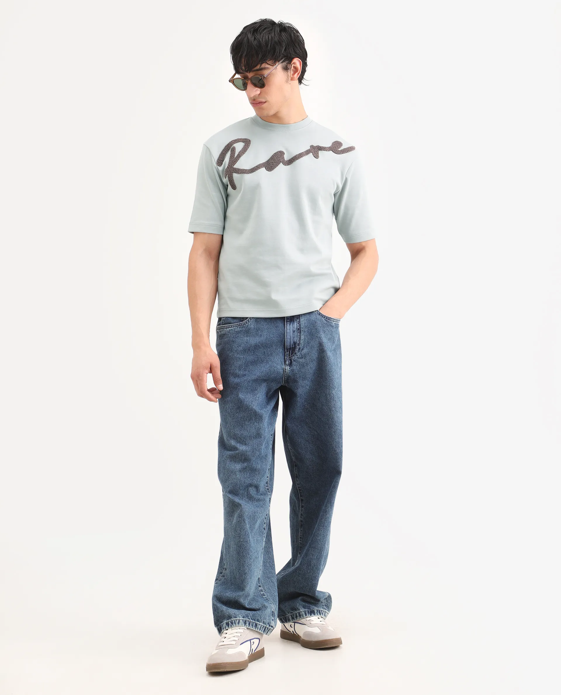 Rare Rabbit Men's Lerc-S26 Dusky Blue Cotton Blend Fabric Half Sleeve Crew Neck Oversize Embroidered T-Shirt - Image 2