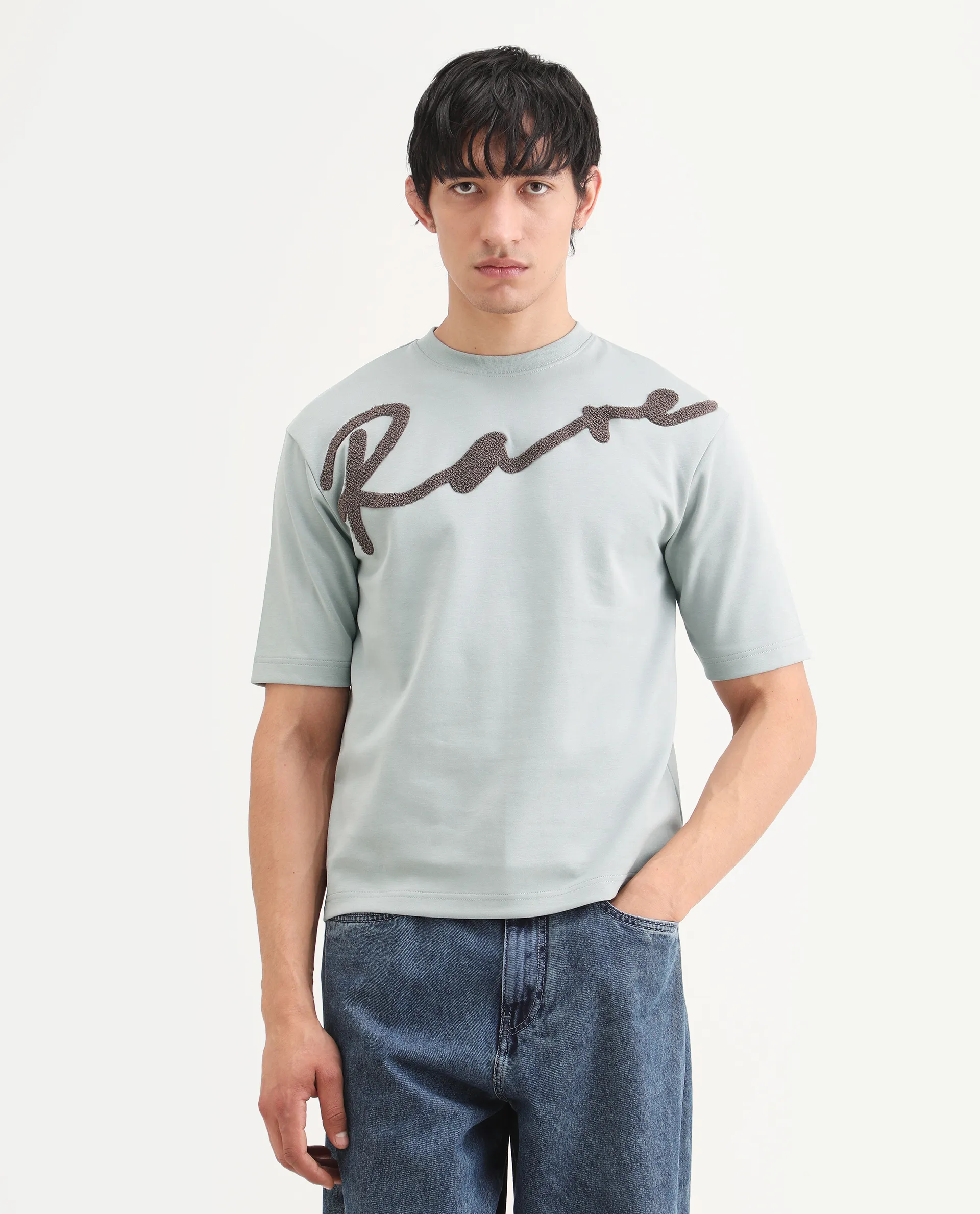 Rare Rabbit Men's Lerc-S26 Dusky Blue Cotton Blend Fabric Half Sleeve Crew Neck Oversize Embroidered T-Shirt - Image 3