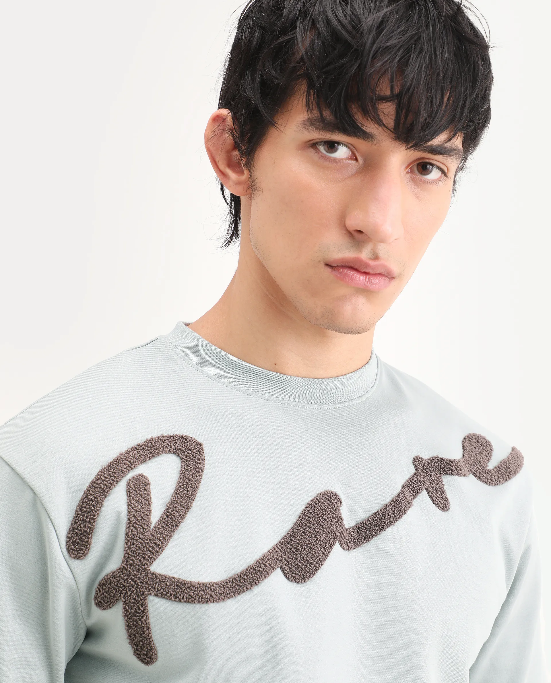 Rare Rabbit Men's Lerc-S26 Dusky Blue Cotton Blend Fabric Half Sleeve Crew Neck Oversize Embroidered T-Shirt - Image 4