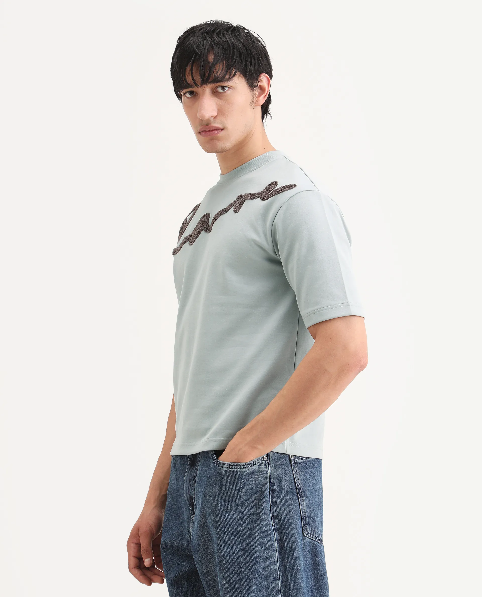 Rare Rabbit Men's Lerc-S26 Dusky Blue Cotton Blend Fabric Half Sleeve Crew Neck Oversize Embroidered T-Shirt - Image 5