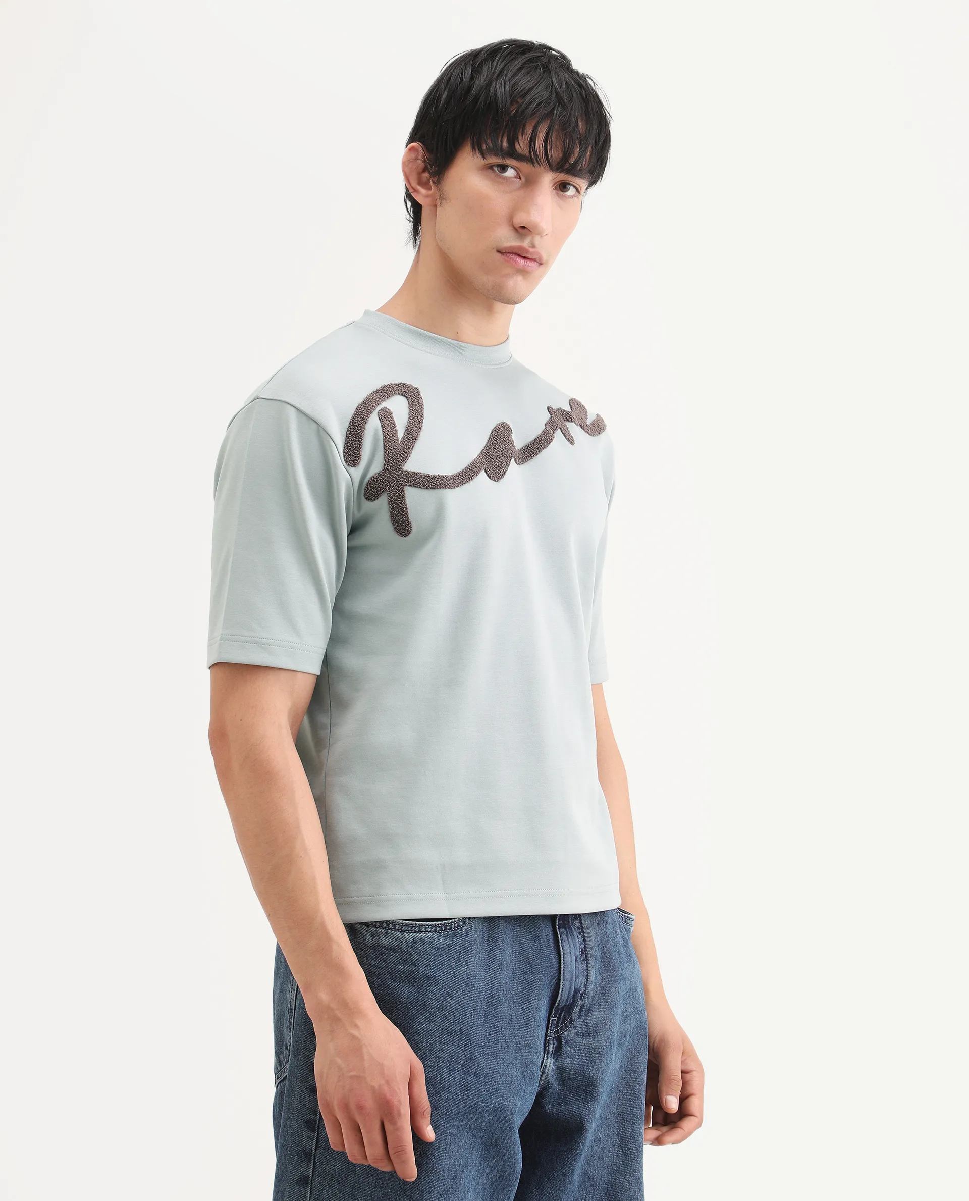 Rare Rabbit Men's Lerc-S26 Dusky Blue Cotton Blend Fabric Half Sleeve Crew Neck Oversize Embroidered T-Shirt - Image 6