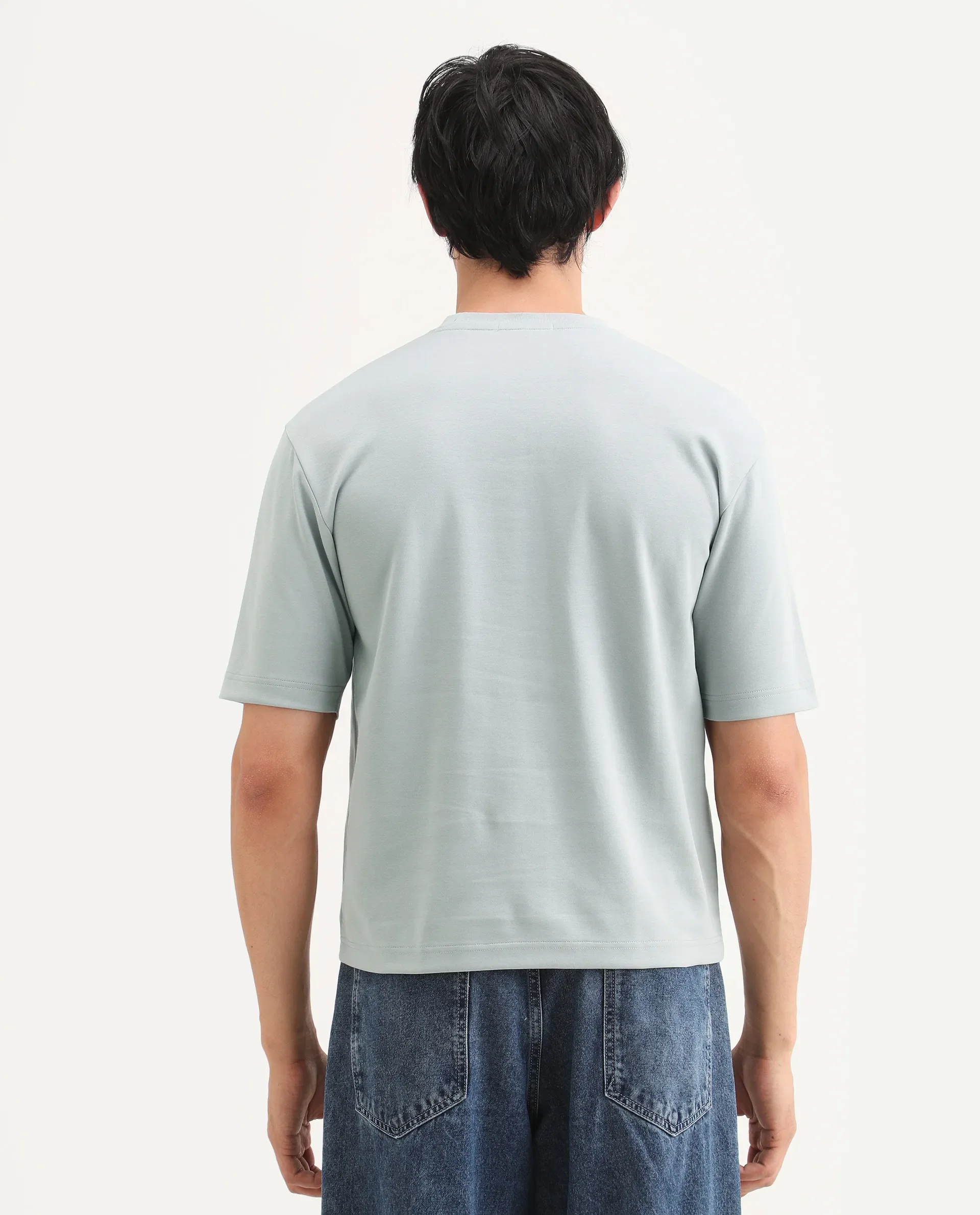 Rare Rabbit Men's Lerc-S26 Dusky Blue Cotton Blend Fabric Half Sleeve Crew Neck Oversize Embroidered T-Shirt - Image 7