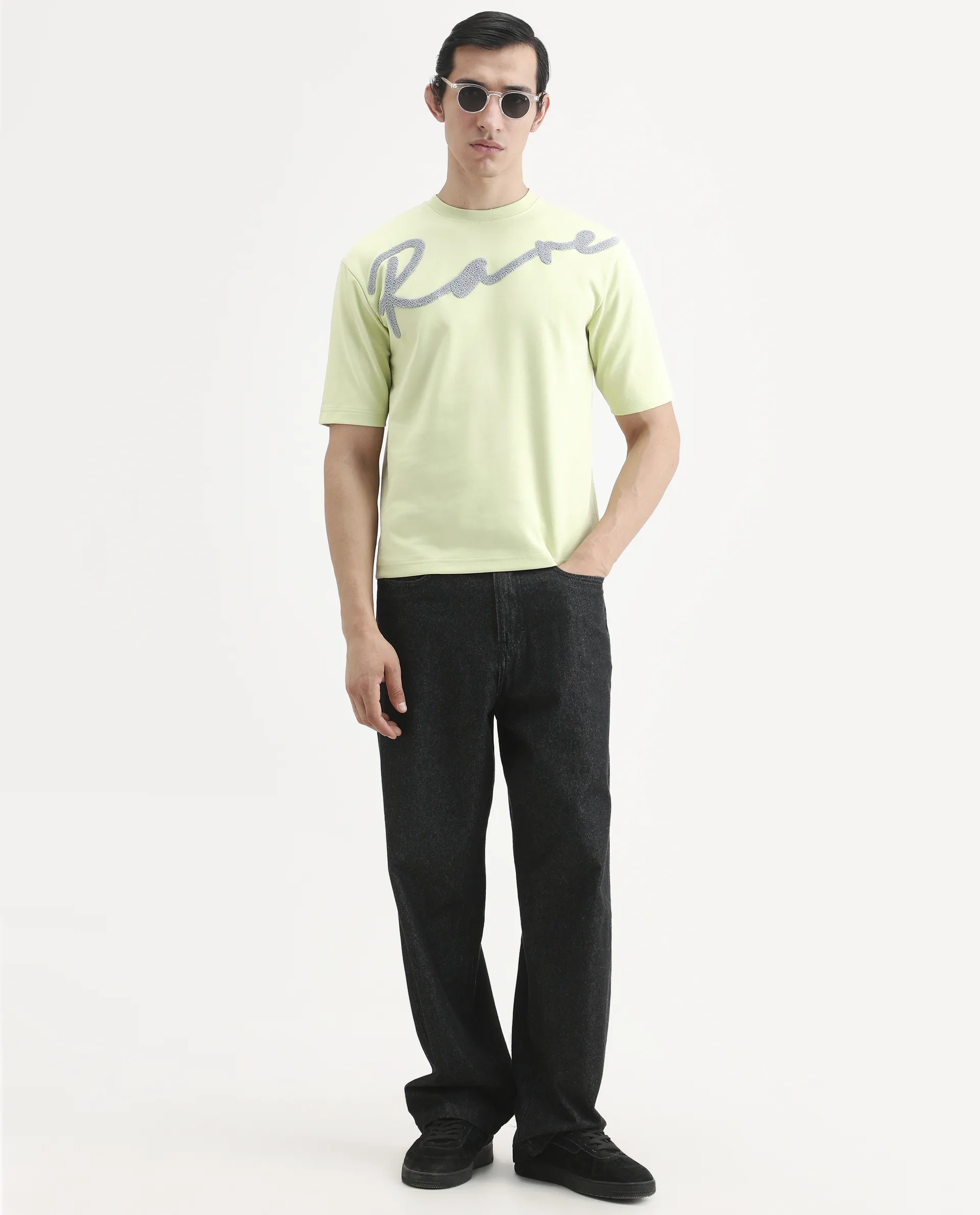 Rare Rabbit Men's Lerc-S26 Flouroscent Yellow Cotton Blend Fabric Half Sleeve Crew Neck Oversize Embroidered T-Shirt - Image 2