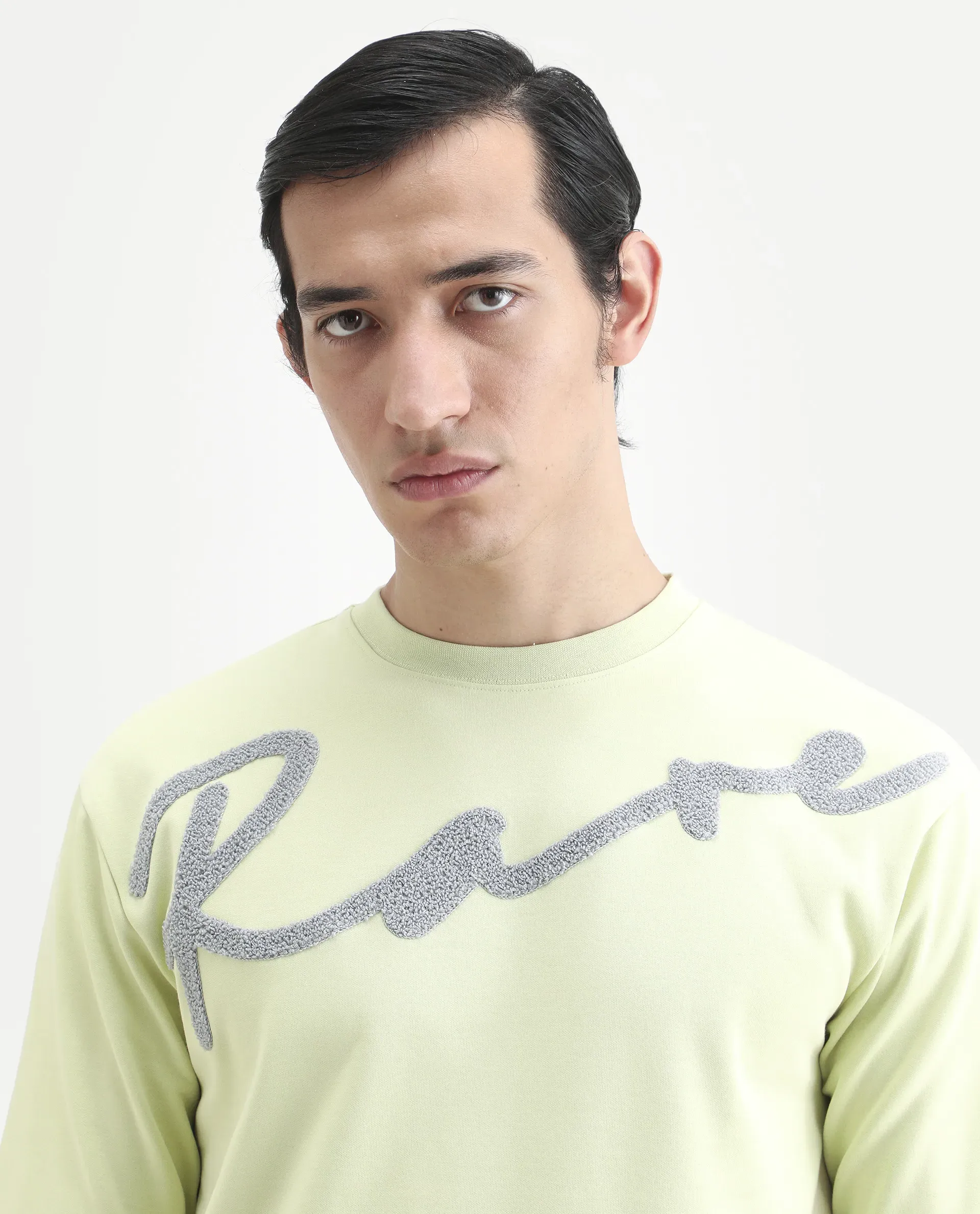 Rare Rabbit Men's Lerc-S26 Flouroscent Yellow Cotton Blend Fabric Half Sleeve Crew Neck Oversize Embroidered T-Shirt - Image 4
