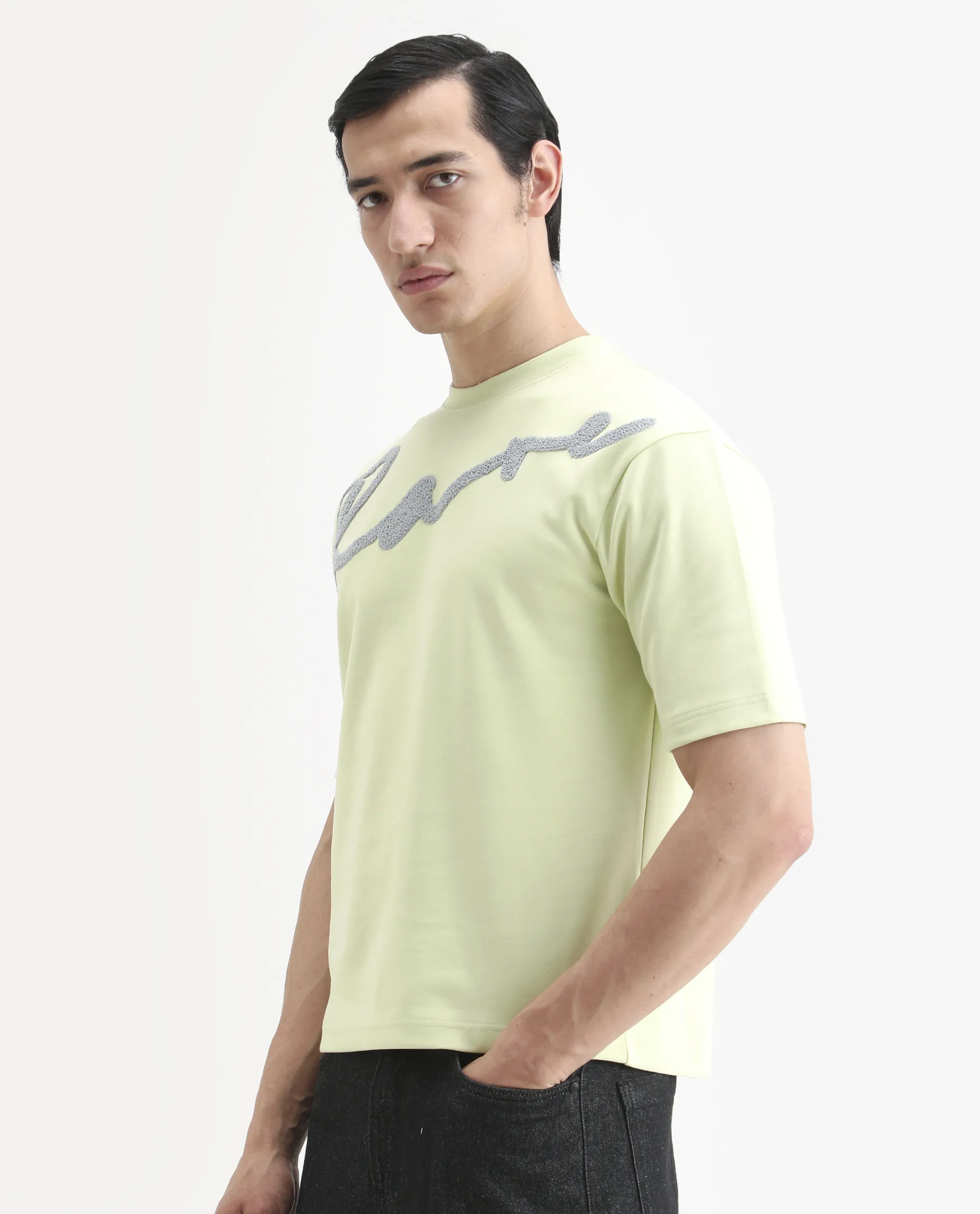 Rare Rabbit Men's Lerc-S26 Flouroscent Yellow Cotton Blend Fabric Half Sleeve Crew Neck Oversize Embroidered T-Shirt - Image 5