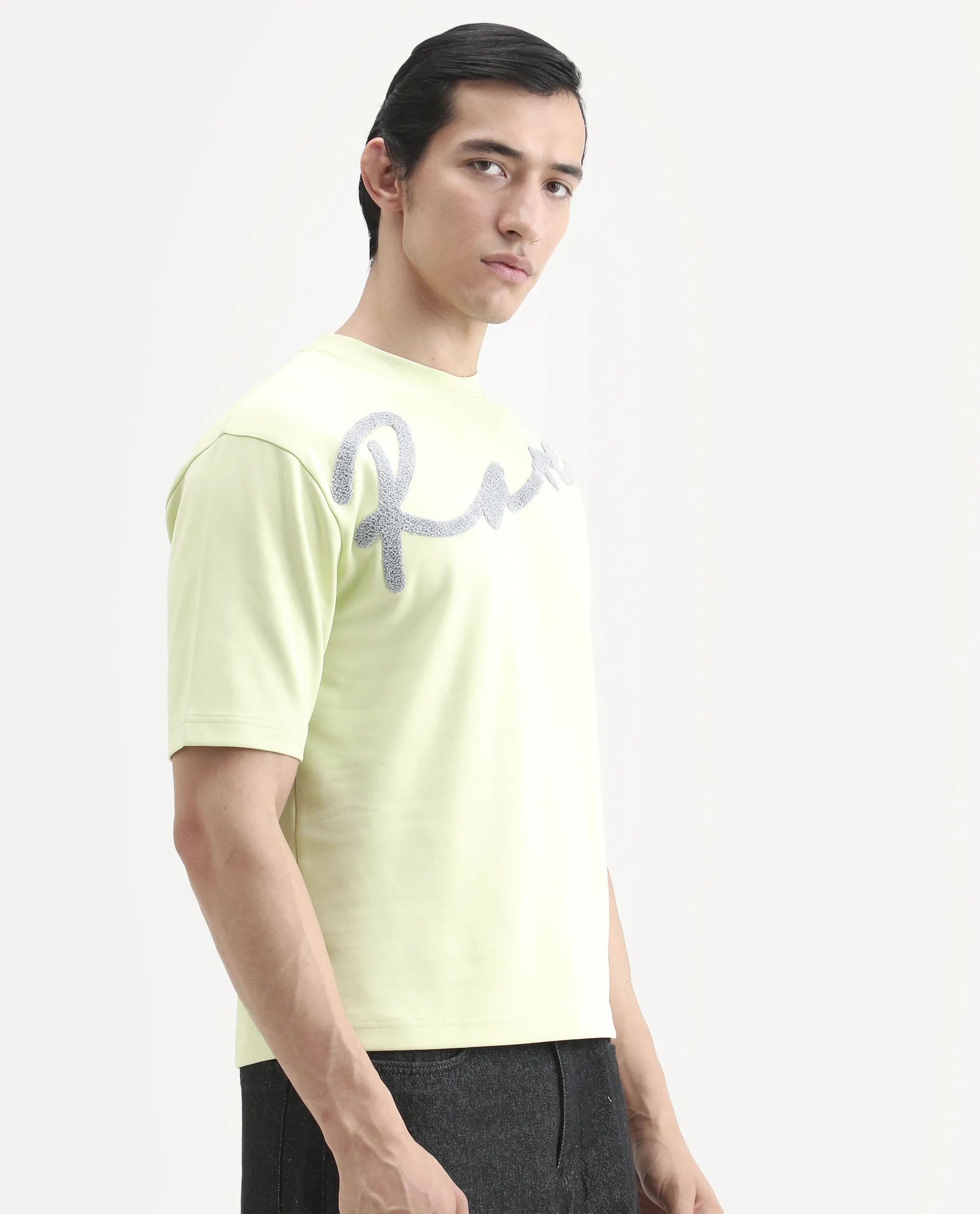 Rare Rabbit Men's Lerc-S26 Flouroscent Yellow Cotton Blend Fabric Half Sleeve Crew Neck Oversize Embroidered T-Shirt - Image 6