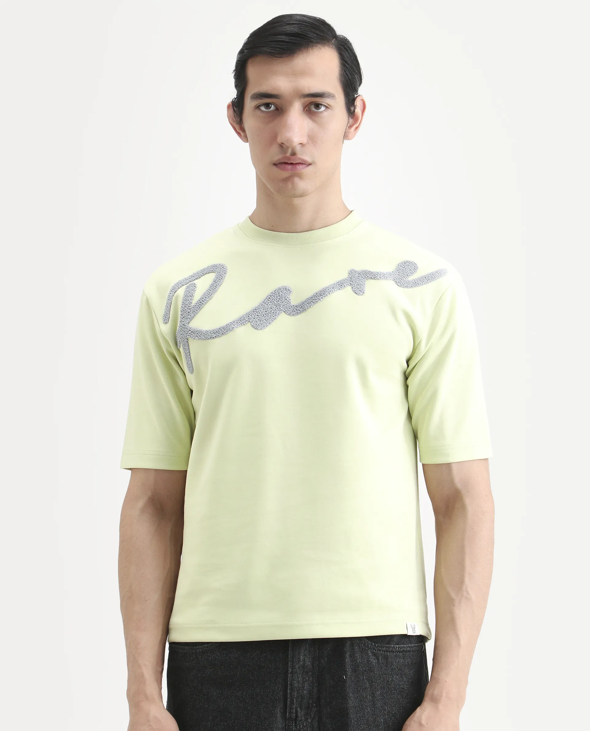 Rare Rabbit Men's Lerc-S26 Flouroscent Yellow Cotton Blend Fabric Half Sleeve Crew Neck Oversize Embroidered T-Shirt - Image 8